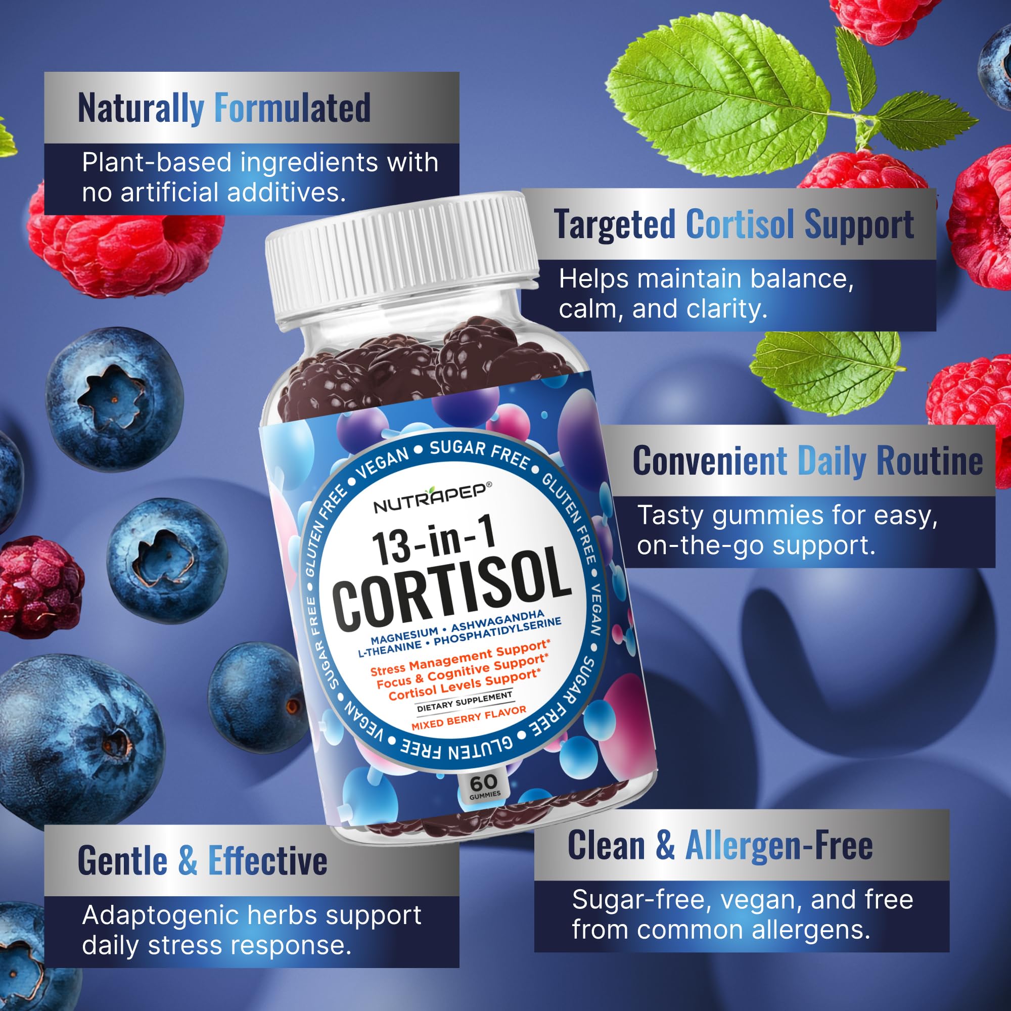 NutraPep Cortisol Gummies serving image explains dosage for easy daily routine