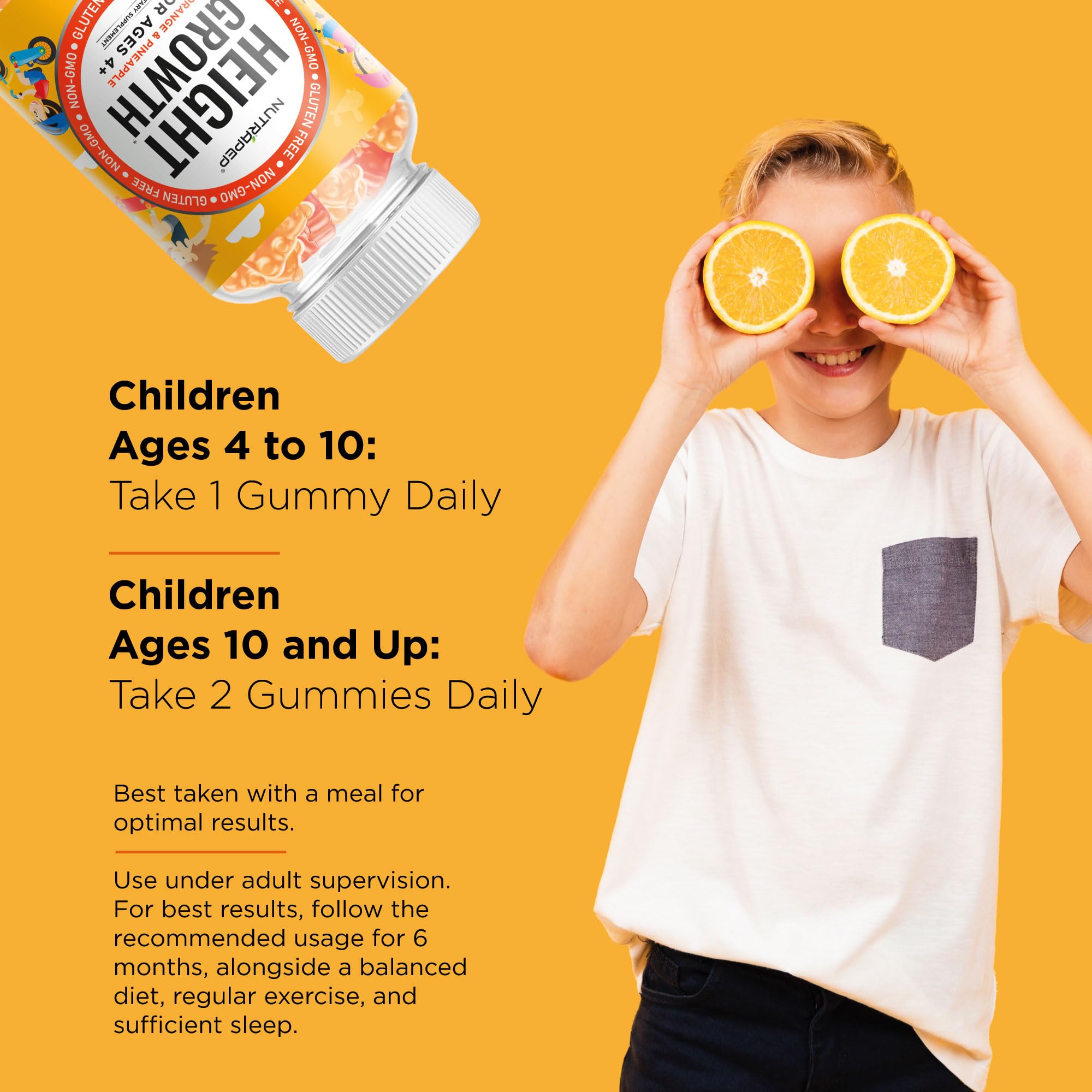 Child taking NutraPep Height Growth Gummies during a family meal.