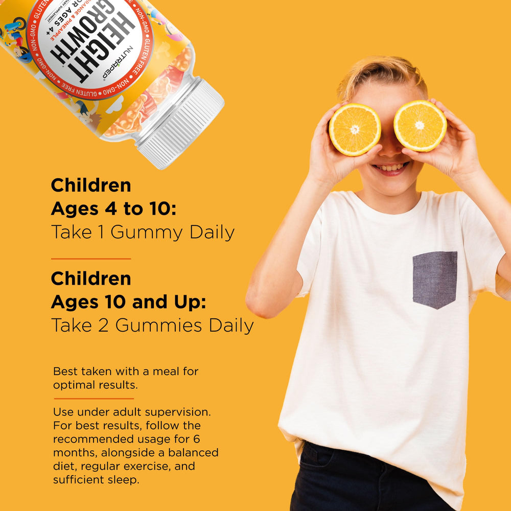 Child taking NutraPep Height Growth Gummies during a family meal.