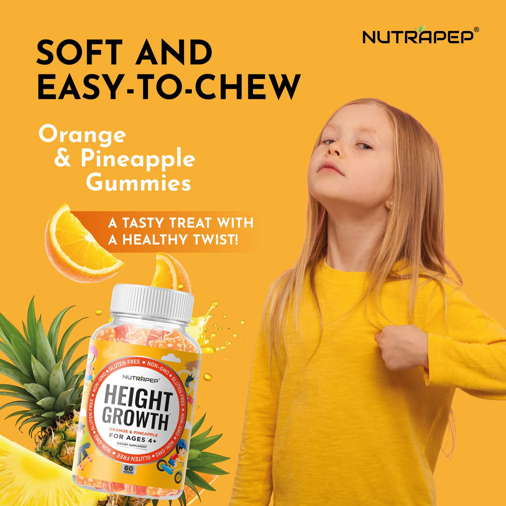 Close-up of NutraPep Teens Height Growth Gummies with bright orange-pineapple color appeal.