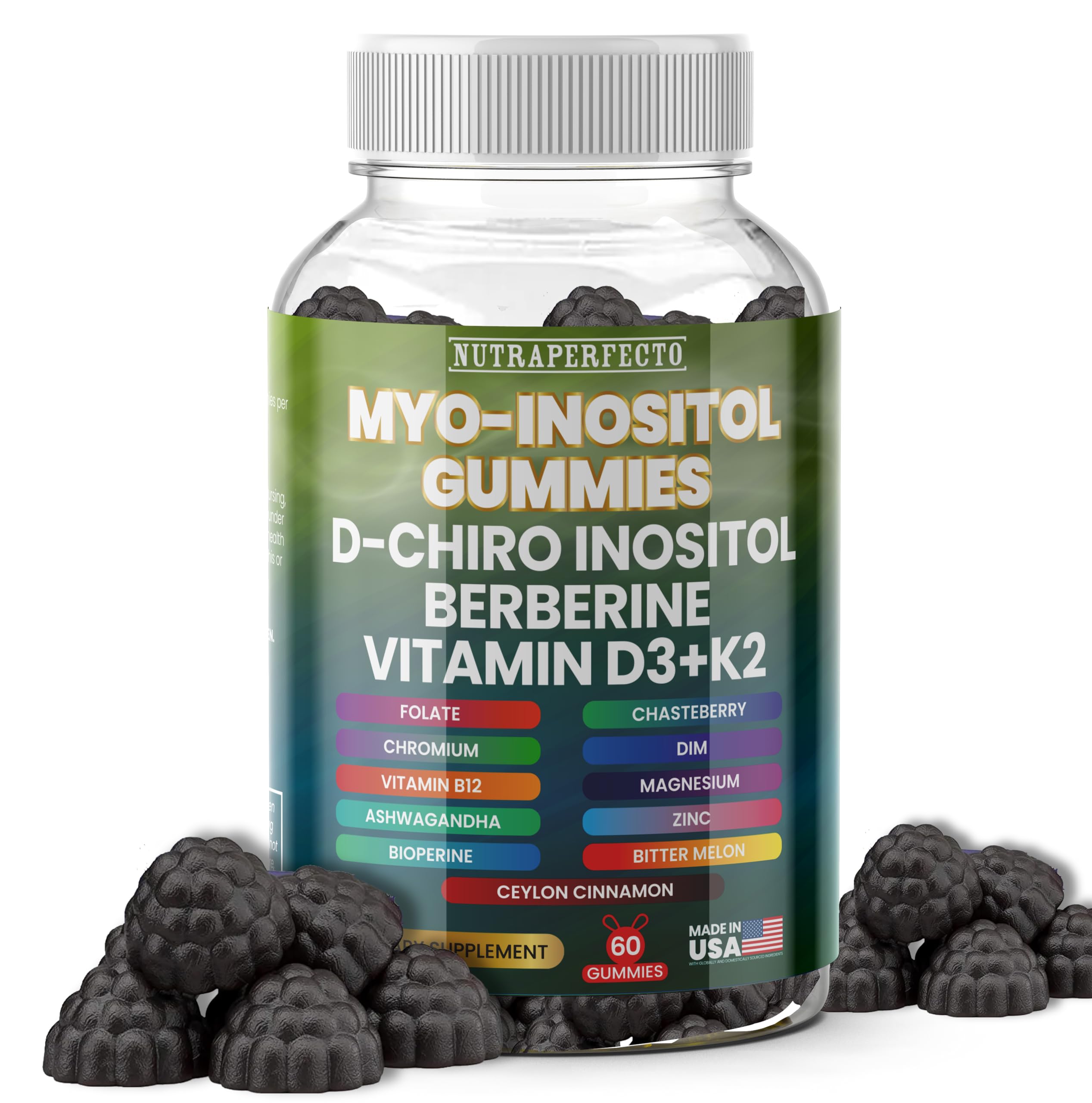NutraPerfecto Sugar-Free Myo-Inositol Gummies bottle for daily fertility support
