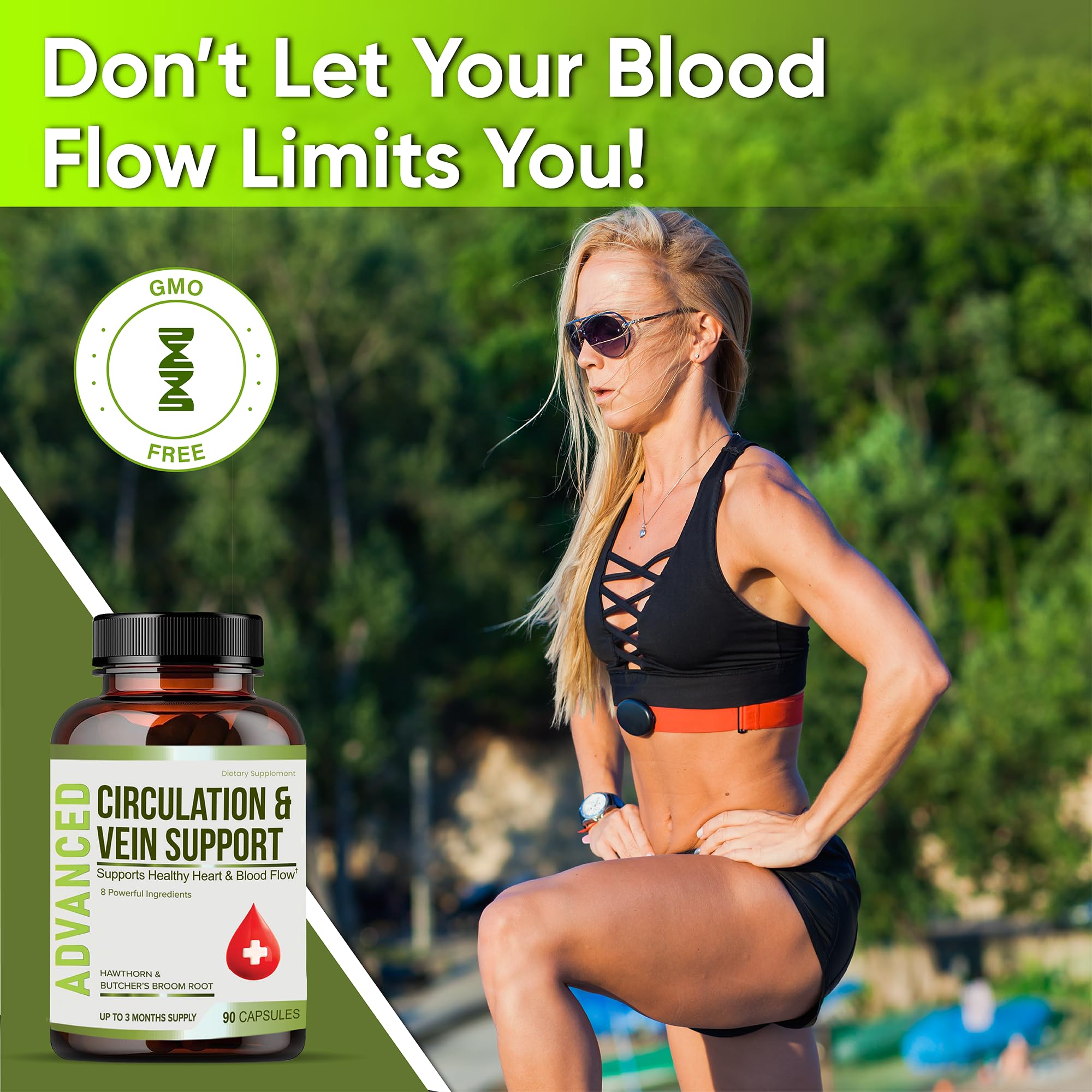 NutraPro herbal blend hawthorn butcher's broom visual emphasizes natural ingredients for blood flow.