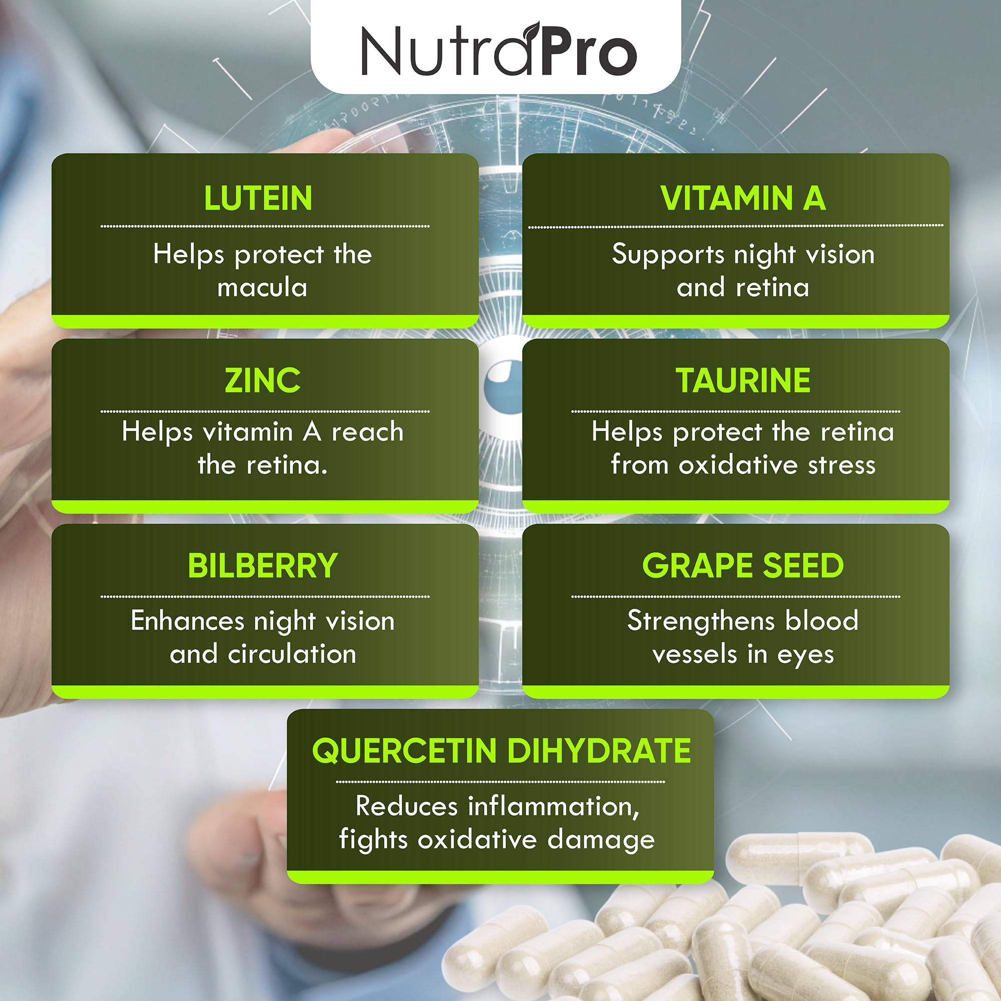 NutraPro Vision Support packaging and leaflet explain ingredients and usage benefits