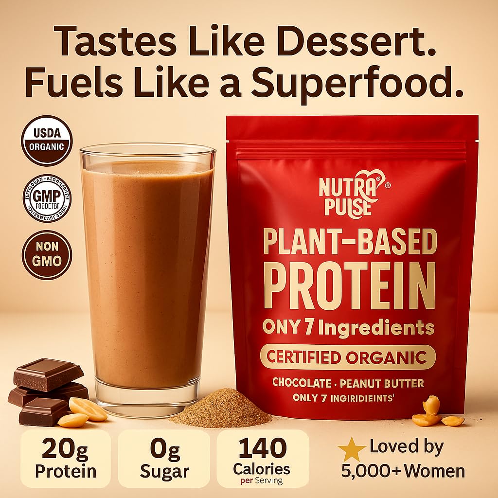 Nutrapulse protein powder bag open showing organic plant ingredients.