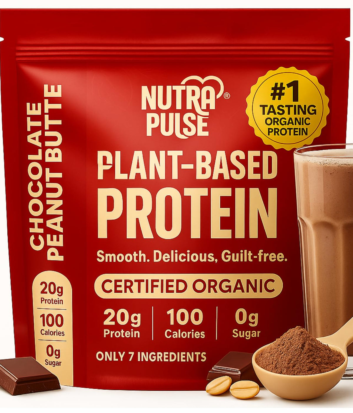 Nutrapulse Chocolate Peanut Butter protein powder bottle for rich shakes.