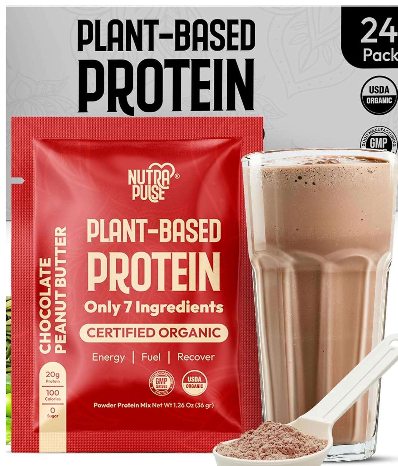 NutraPulse chocolate peanut butter protein powder pack offers 36g vegan protein per serving.