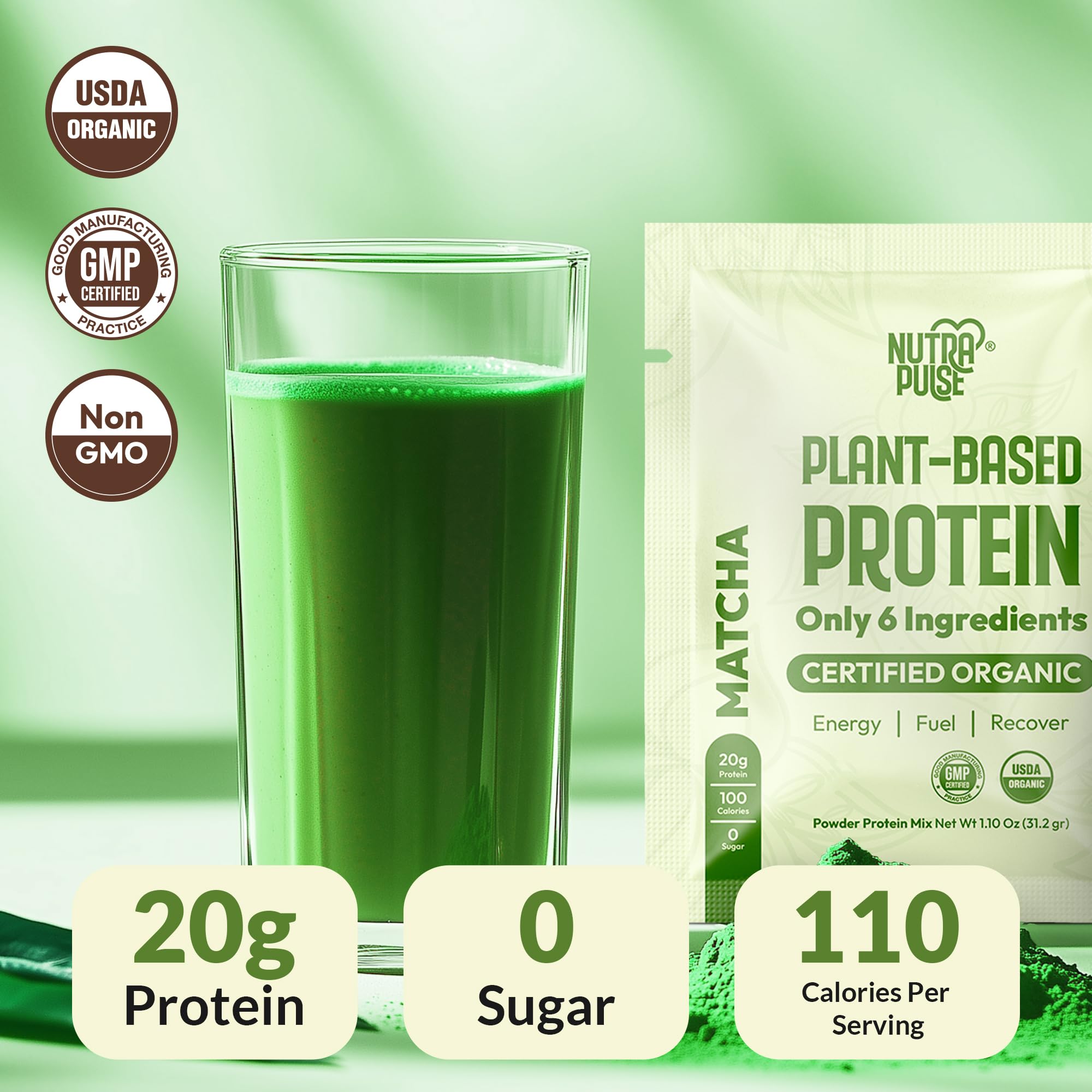 NutraPulse Matcha vegan protein ingredients showing non-GMO and dairy-free claims