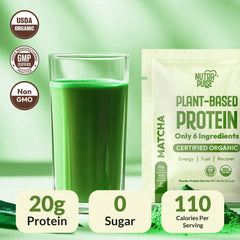 NutraPulse Matcha vegan protein ingredients showing non-GMO and dairy-free claims
