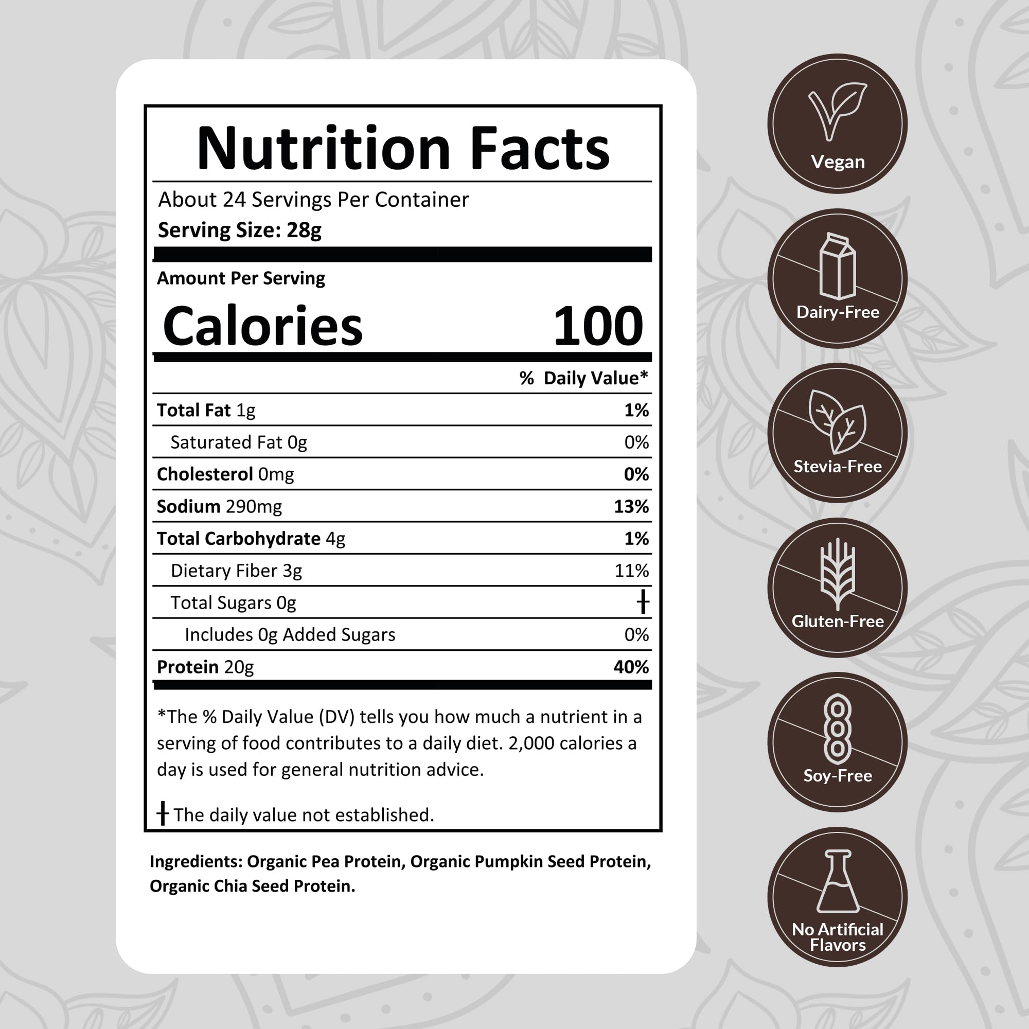 NutraPulse Organic Vegan Protein Powder packaging label highlighting gluten-free and non-GMO