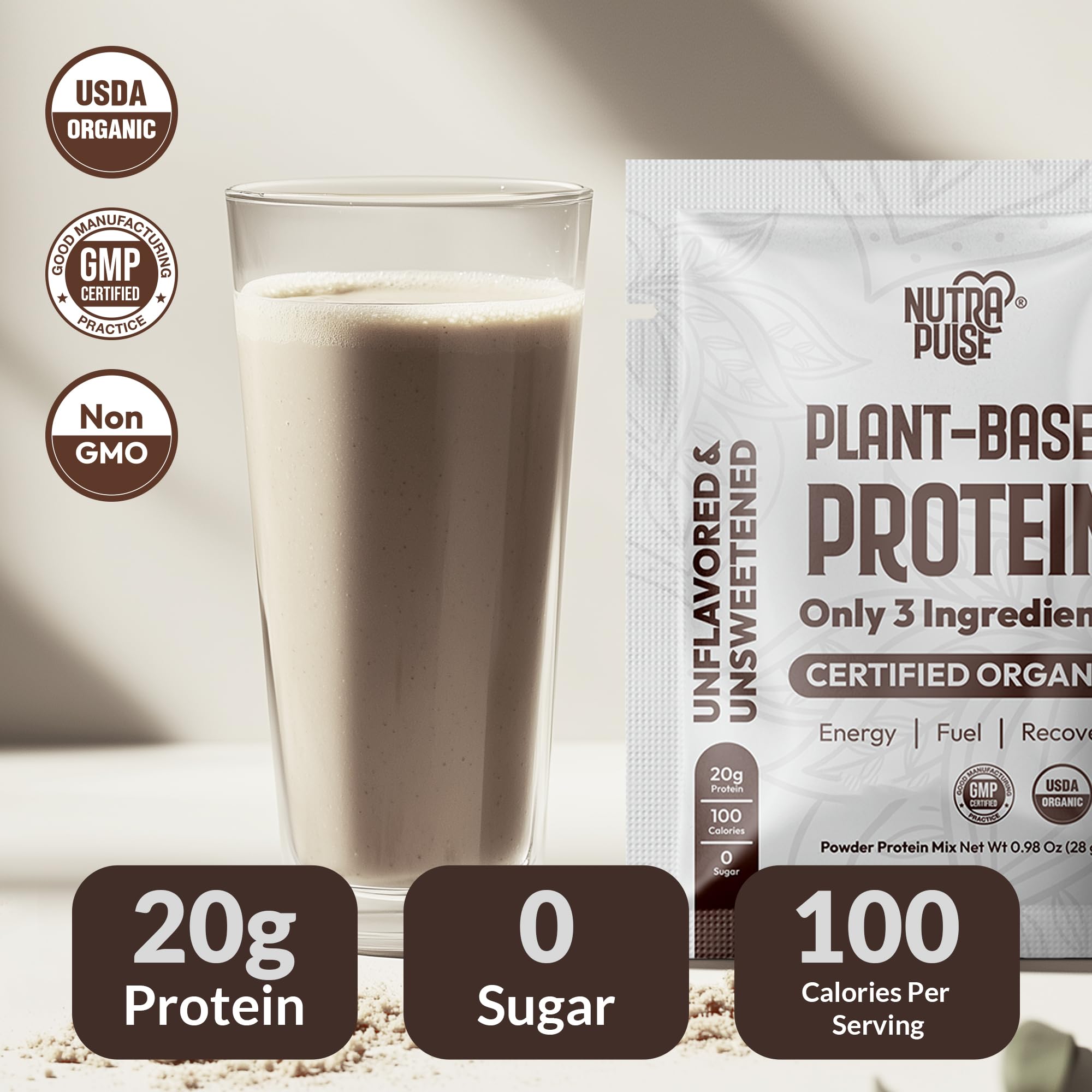 NutraPulse Organic Vegan Protein Powder scoop beside blender for post-workout smoothies