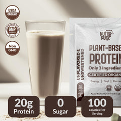 NutraPulse Organic Vegan Protein Powder scoop beside blender for post-workout smoothies