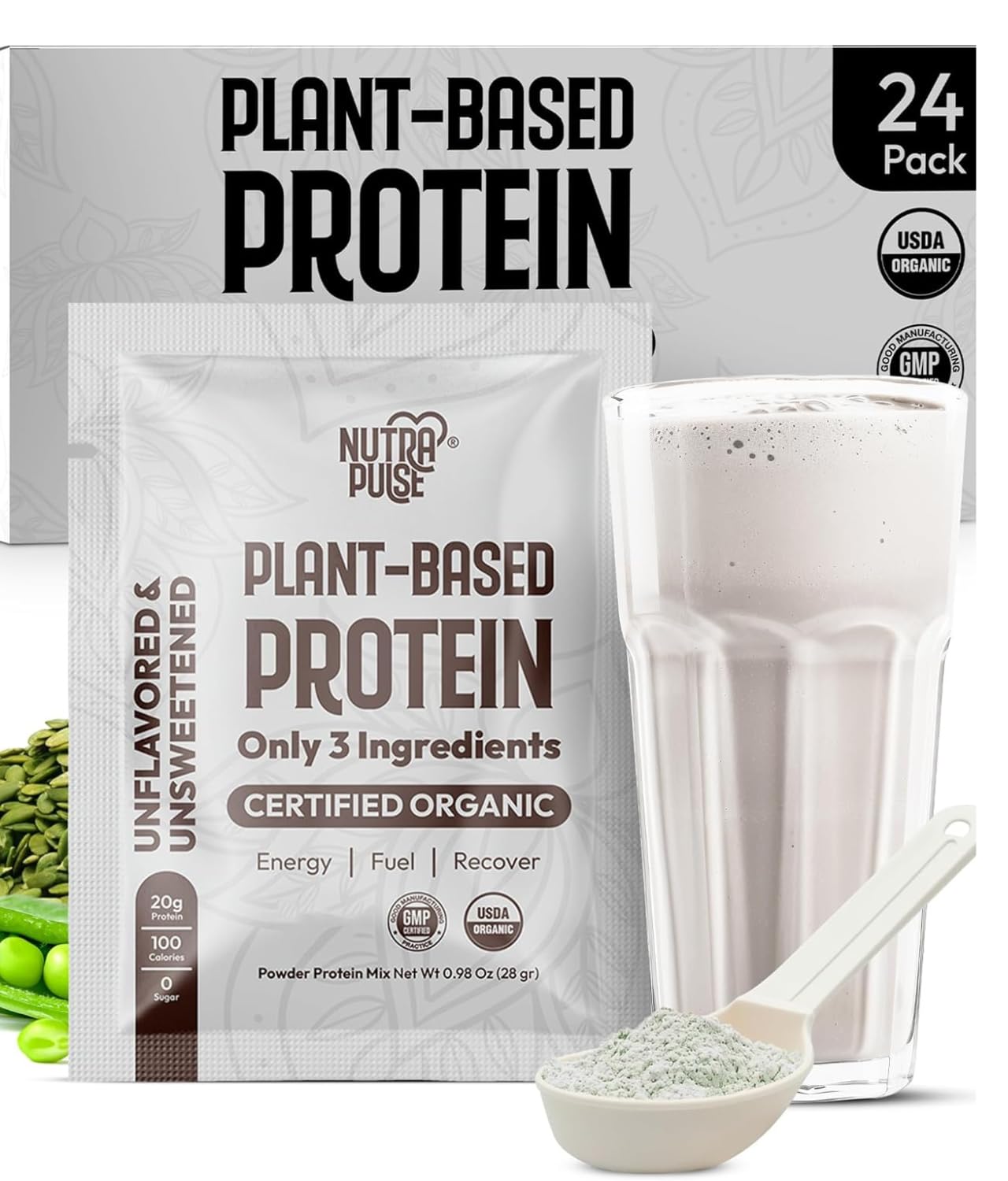 NutraPulse Organic Vegan Protein Powder tub close-up showing 28g protein per serving for muscle support