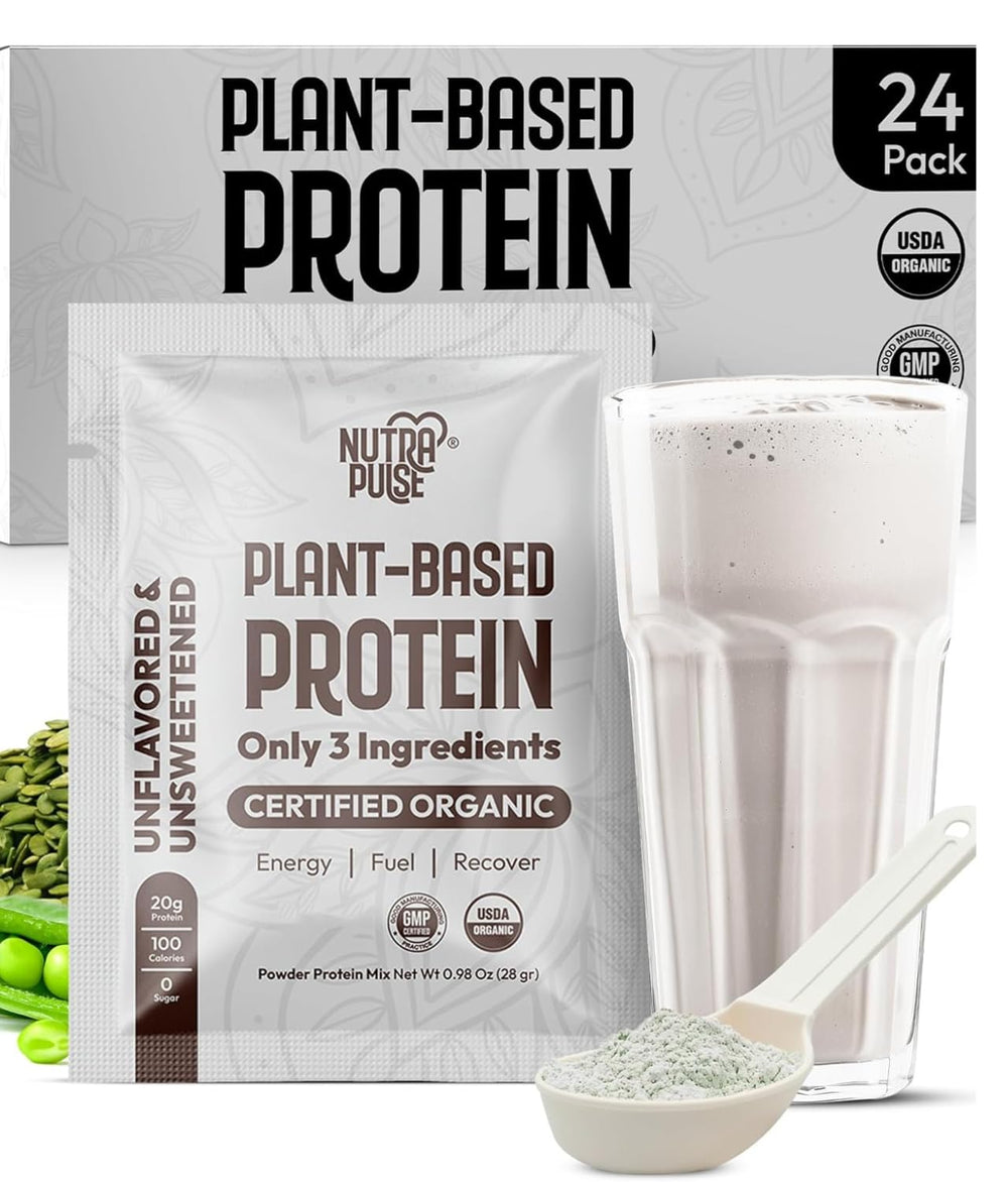 NutraPulse Organic Vegan Protein Powder tub close-up showing 28g protein per serving for muscle support