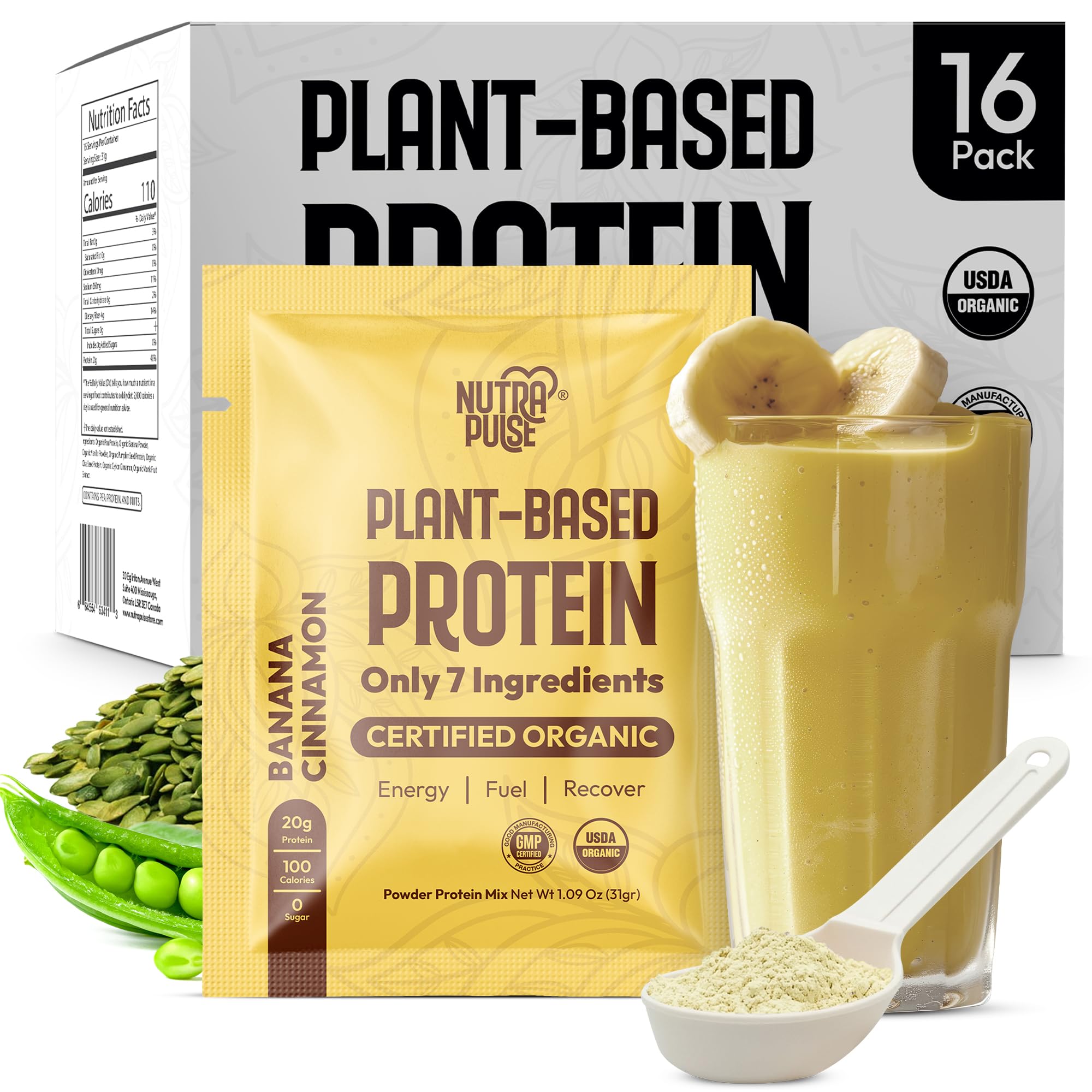 NUTRAPULSE Organic Vegan Protein Sample Pack front label highlighting protein-rich nutrition.