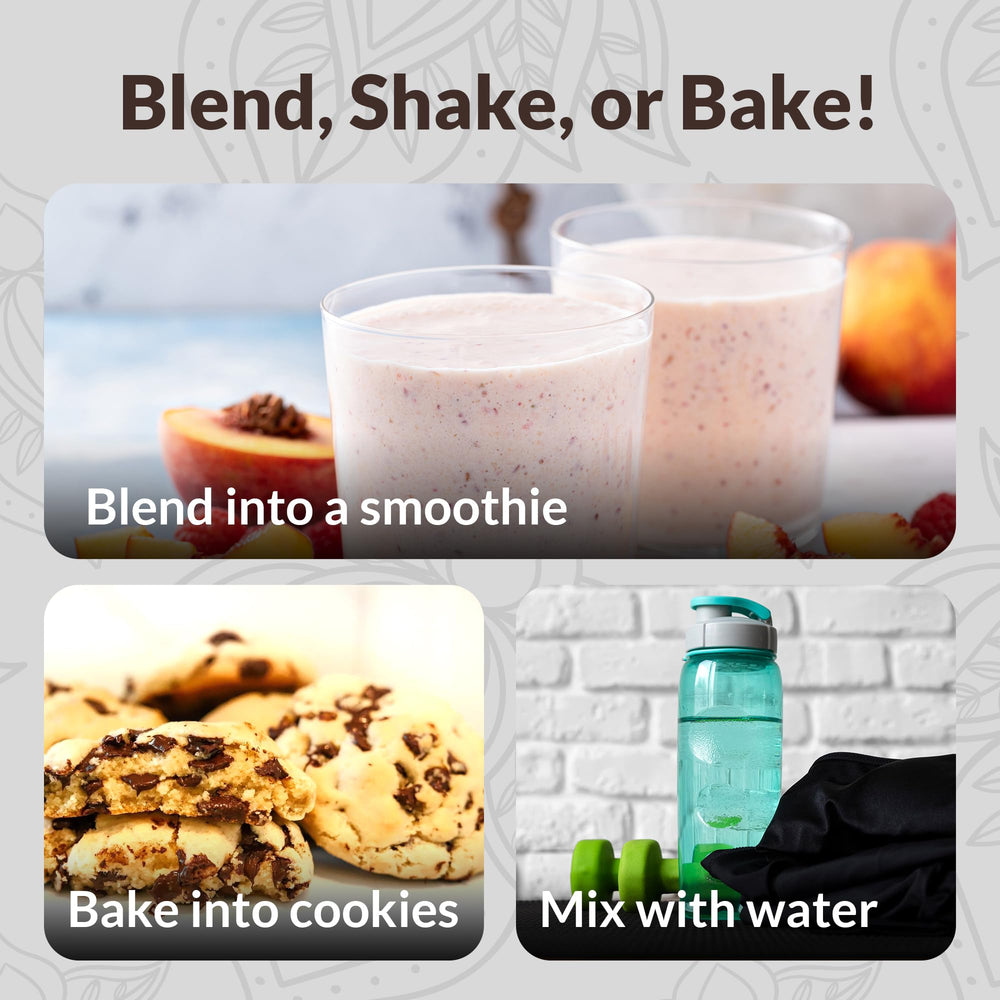 NutraPulse protein powder scoop with glass of water showing quick mixability