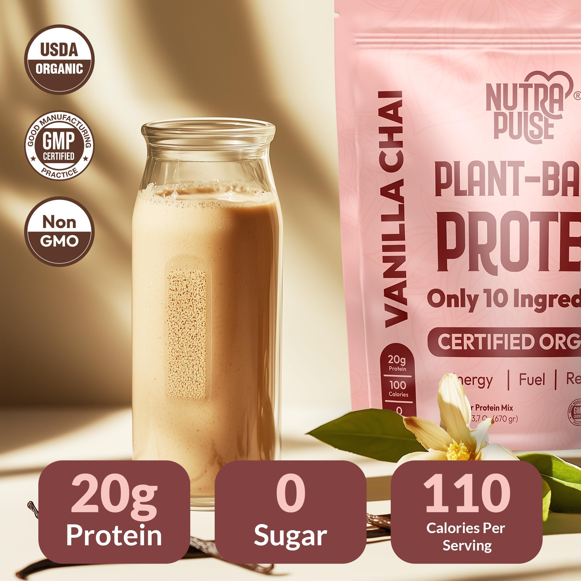 NUTRAPULSE Vanilla Chai protein powder poured into batter for protein-packed baking.
