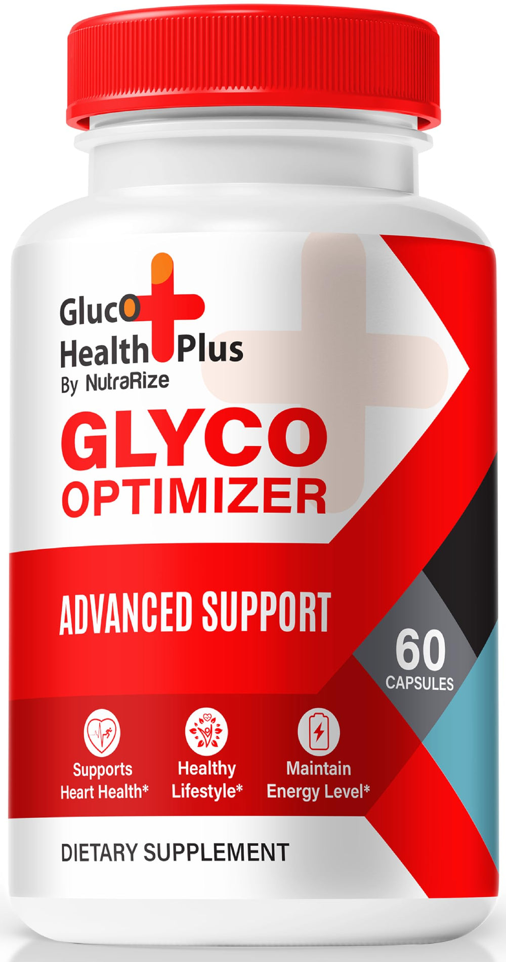 NutraRize Gluco Health Plus bottle label highlighting premium glyco optimizer for daily balance.