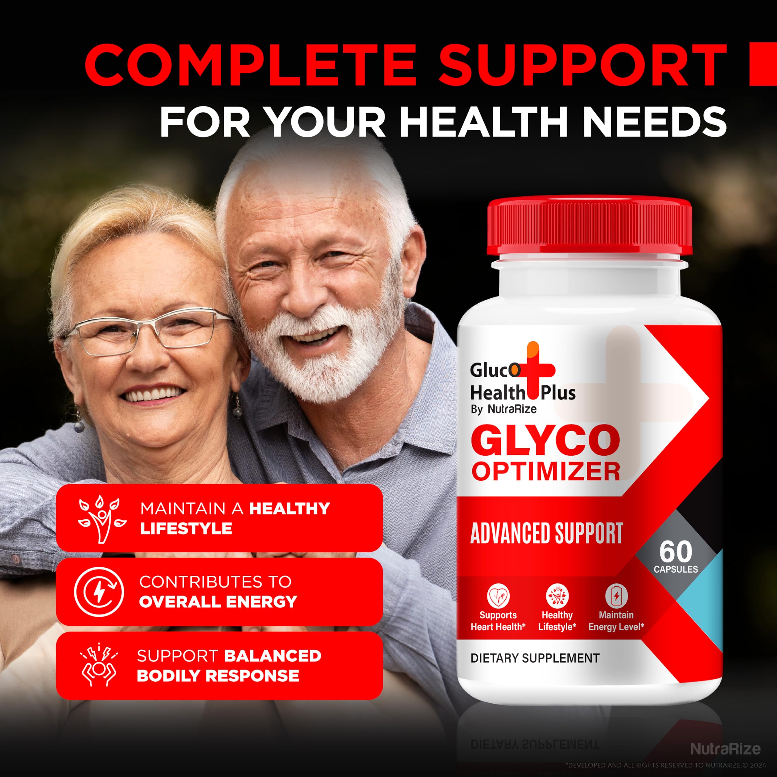NutraRize Gluco Health Plus ingredients panel emphasizing essential nutrients for overall health.