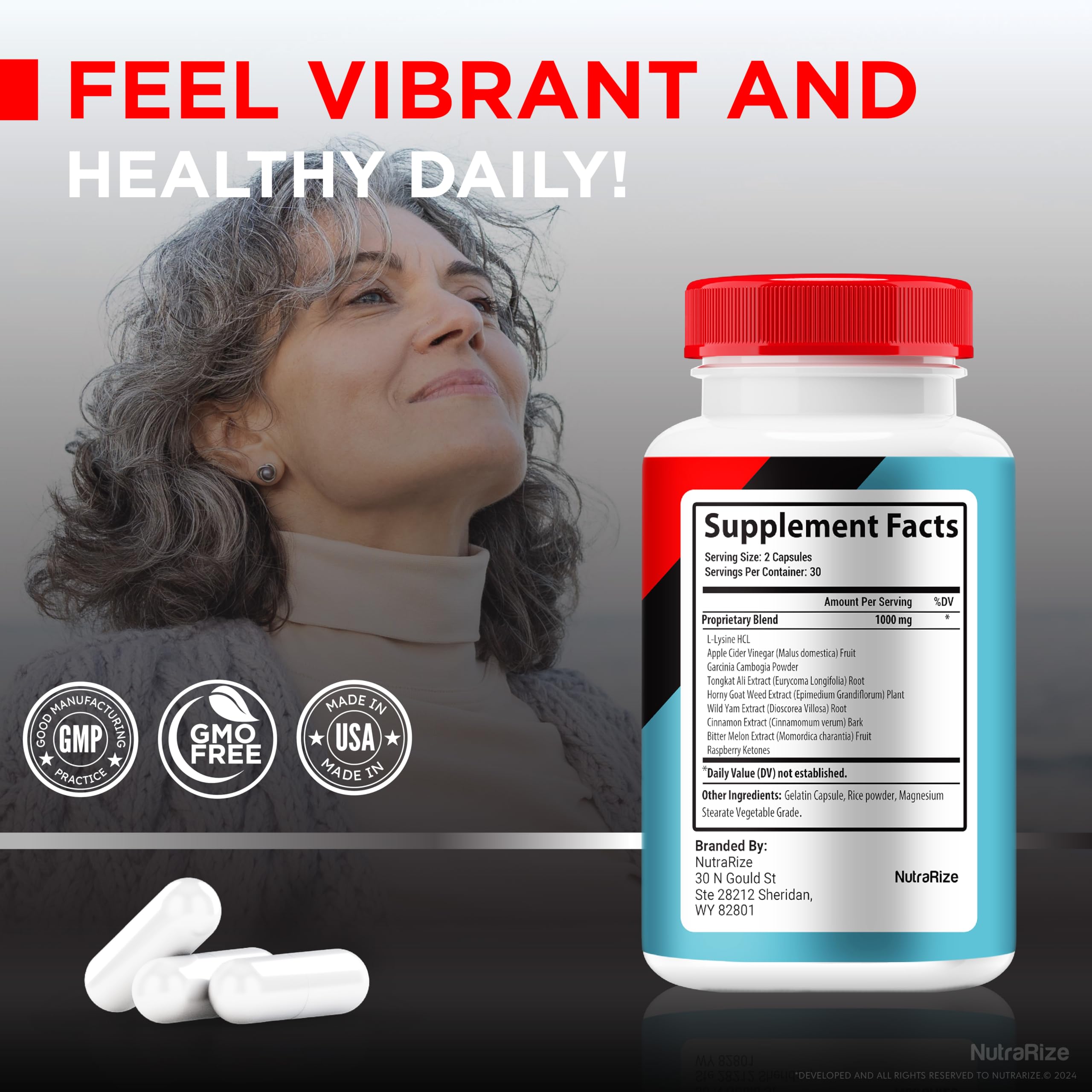 NutraRize Gluco Health Plus packaging with natural imagery highlighting ingredients.