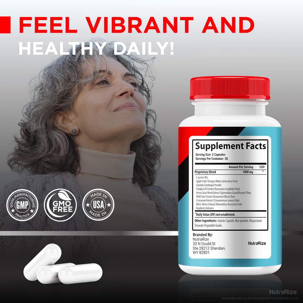 NutraRize Gluco Health Plus packaging with natural imagery highlighting ingredients.