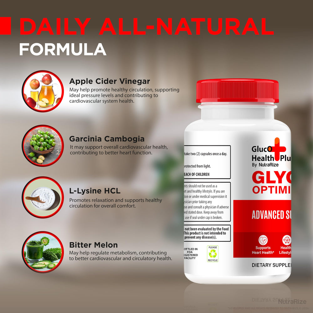 NutraRize Gluco Health Plus on kitchen counter with a glass of water for hydration.