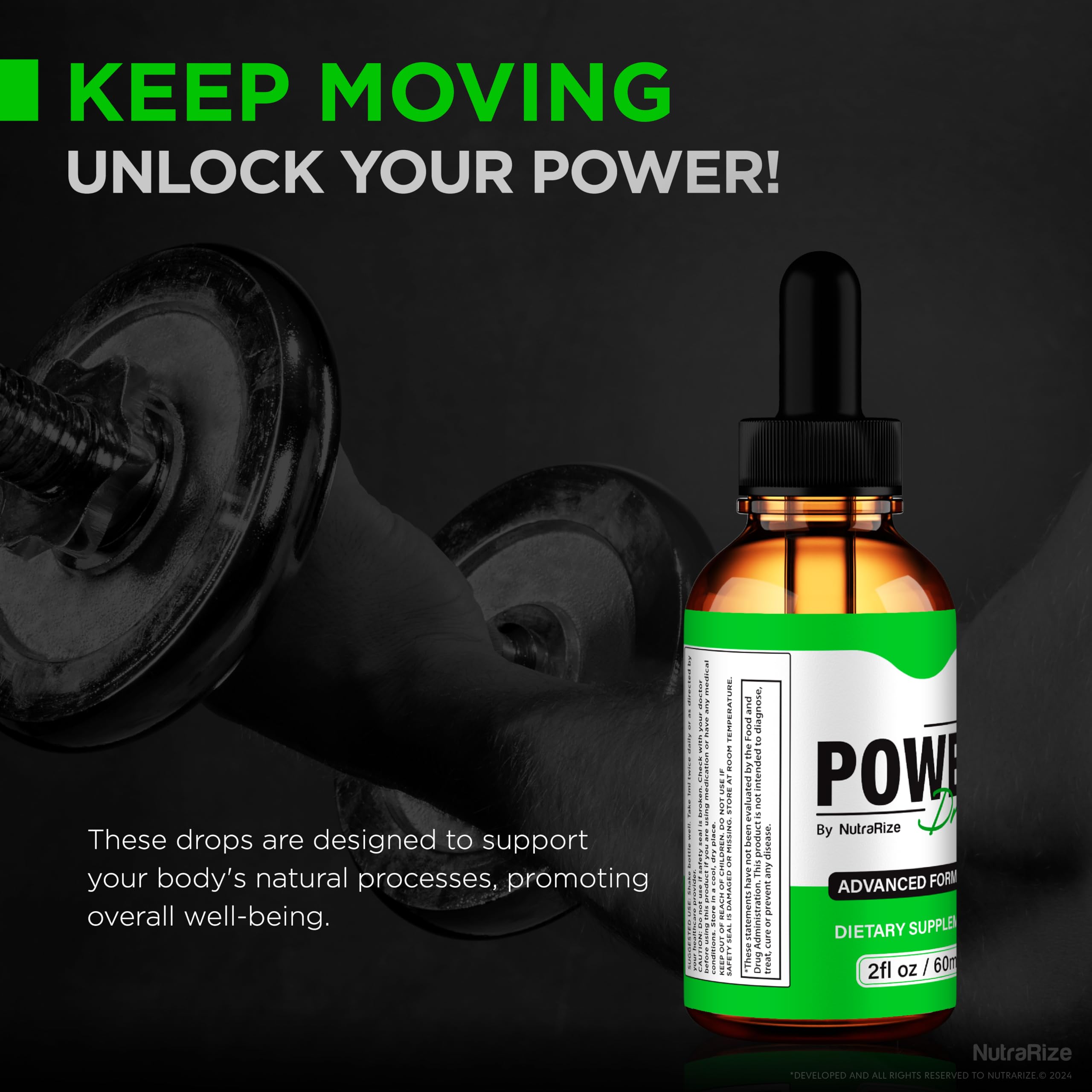 NutraRize Power Drops glass-dispense shows quick, portable energy support