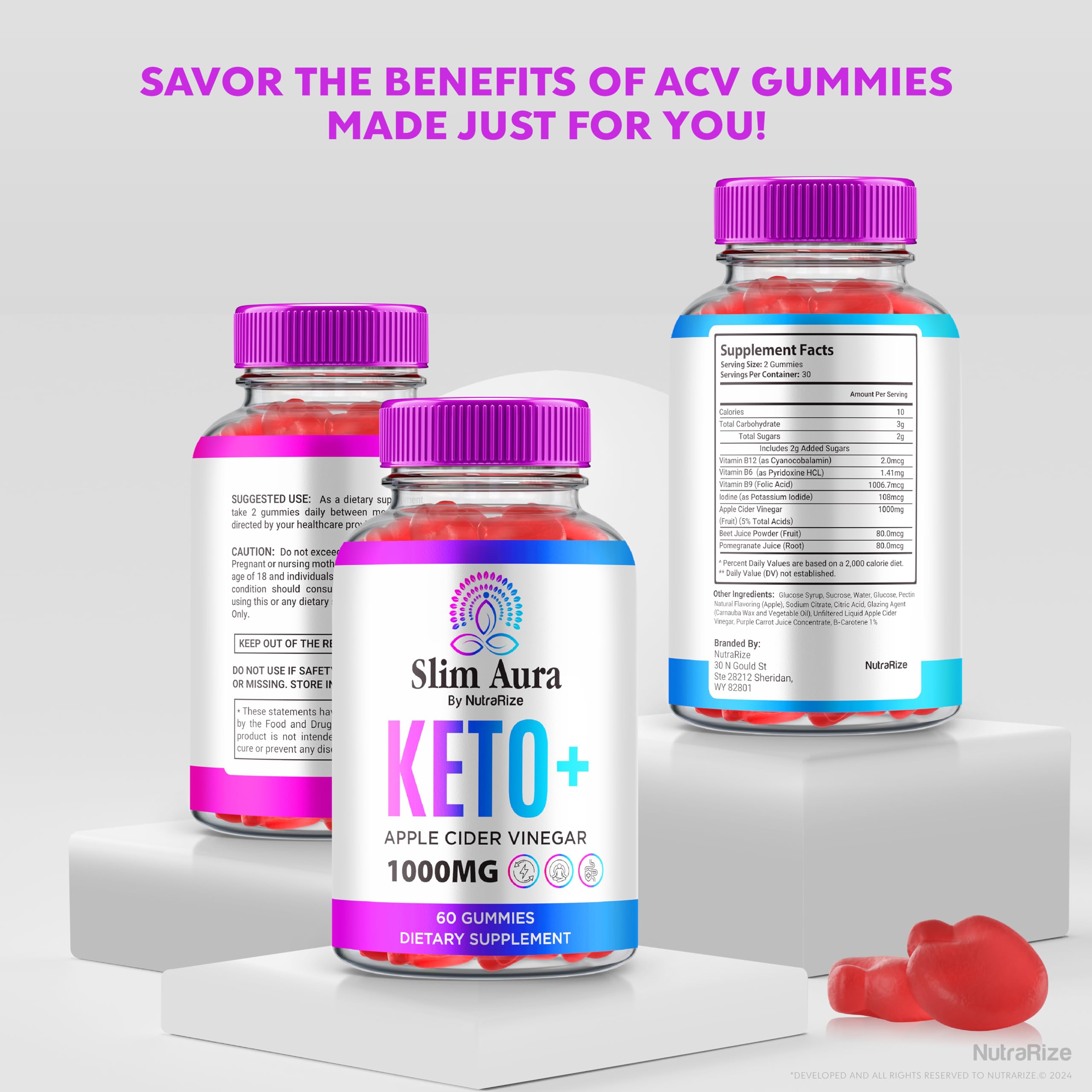 NutraRize Slim Aura Keto ACV Gummies product shot with natural ingredients.