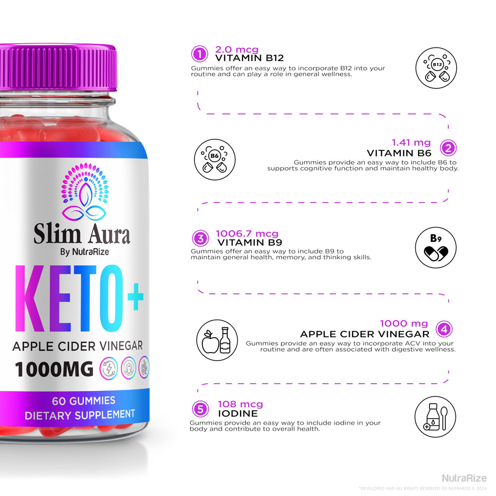 NutraRize Slim Aura Keto ACV Gummies bottle pouring gummies into hand.
