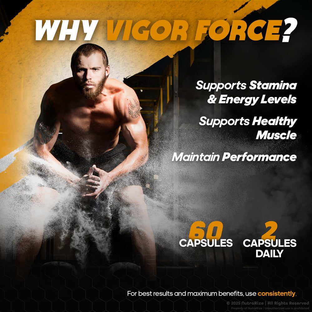 NutraRize Vigor Force hand holding bottle suggests easy daily use