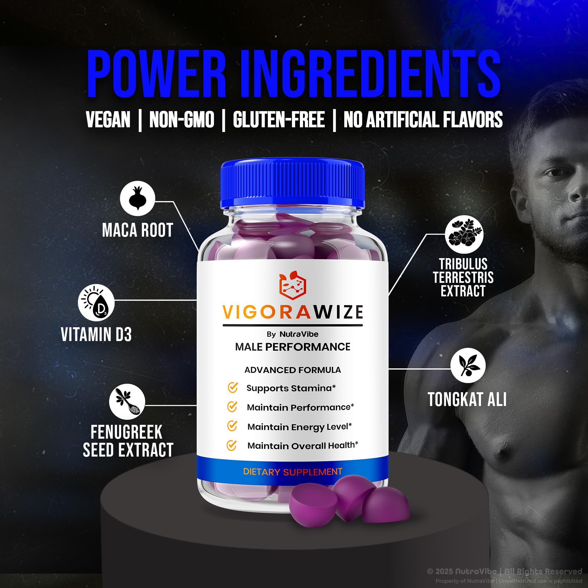 NutraRize Vigorawize label detailing all-natural ingredients and benefits.