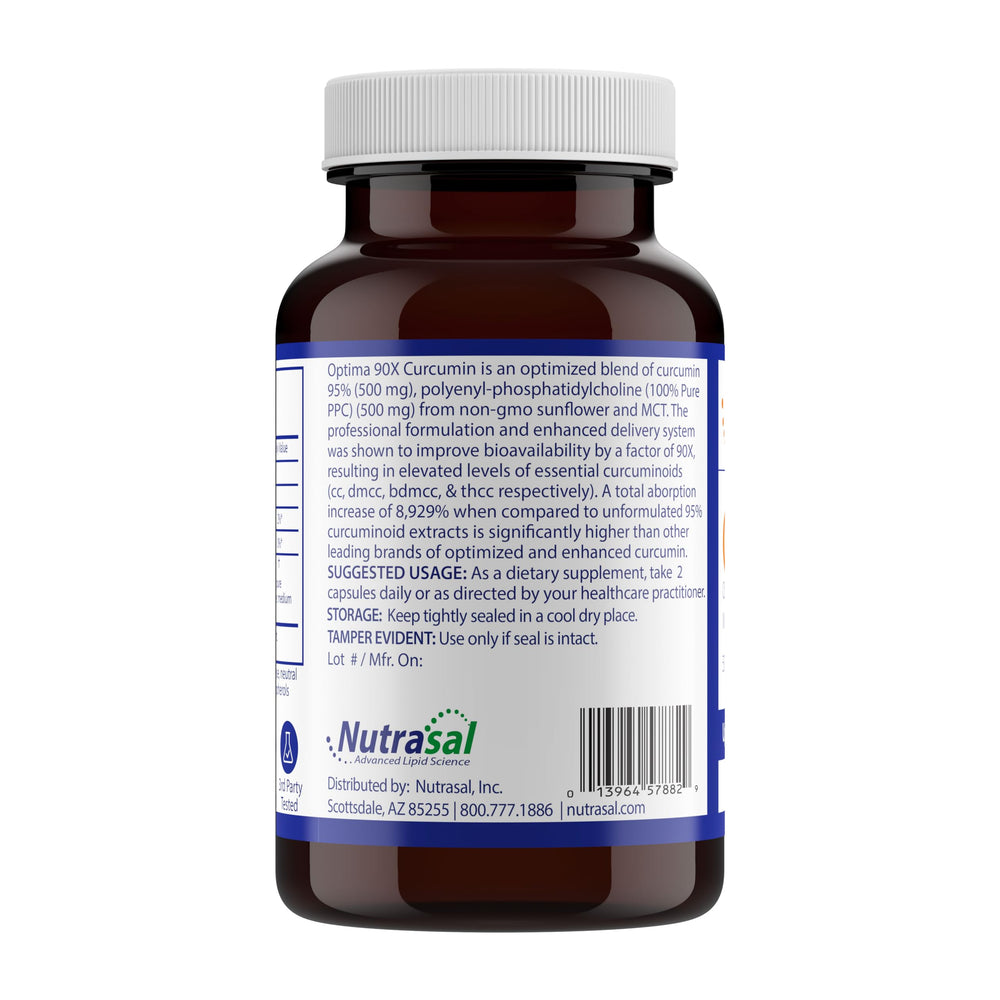 Nutrasal Optima 90X Curcumin PPC-MCT delivery system visual emphasizes enhanced bioavailability.