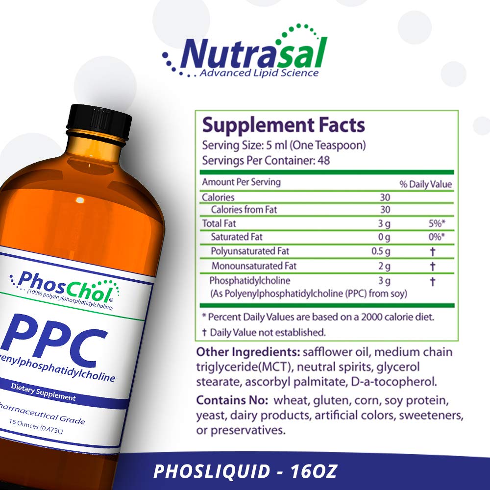 Nutrasal PhosChol bottle being poured to show easy daily dosing.