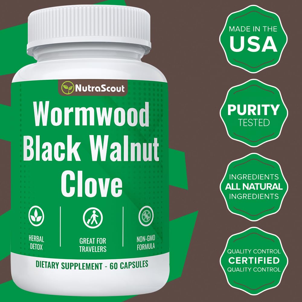 NutraScout close-up of capsules beside ingredient list highlighting comprehensive intestinal guard benefits.