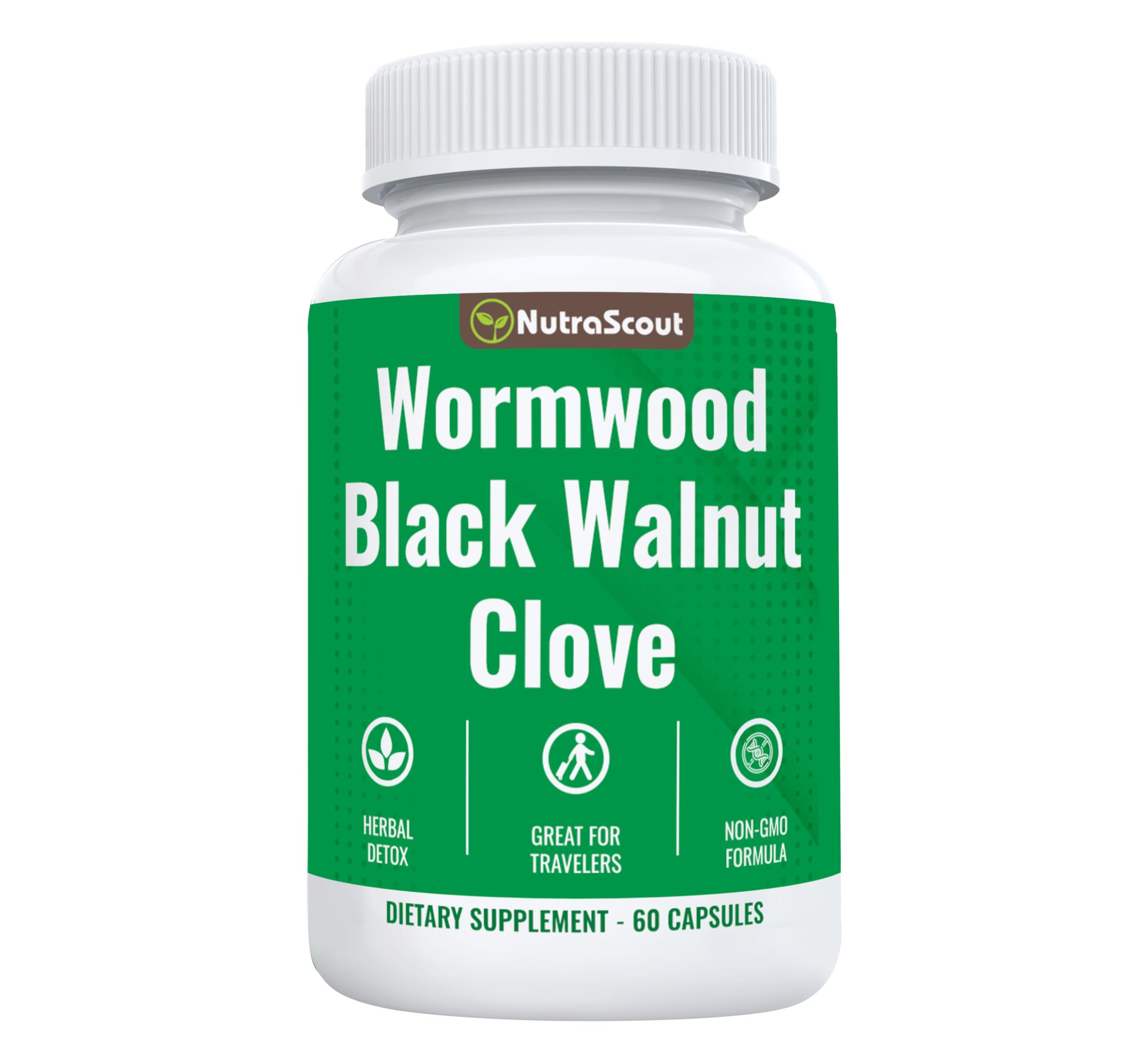NutraScout Wormwood Black Walnut Clove complex bottle on shelf with easy-to-swallow capsules for gentle digestion support.