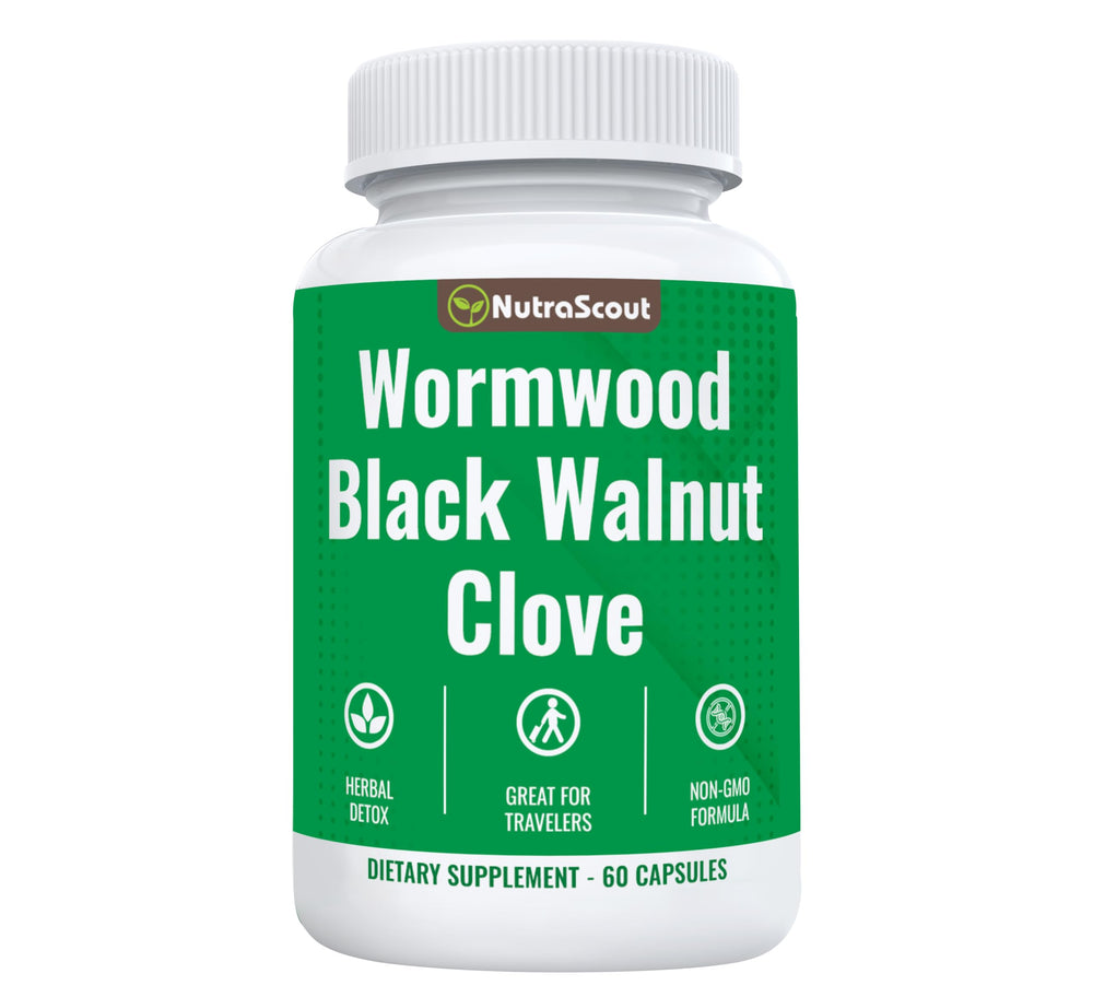 NutraScout Wormwood Black Walnut Clove complex bottle on shelf with easy-to-swallow capsules for gentle digestion support.