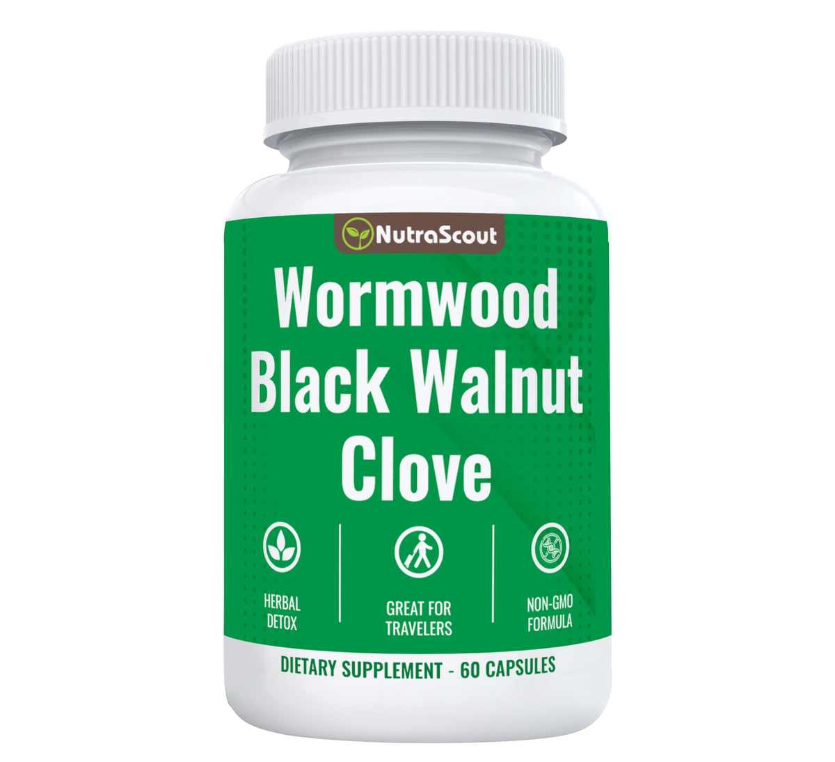 NutraScout Wormwood Black Walnut Clove complex bottle on shelf with easy-to-swallow capsules for gentle digestion support.