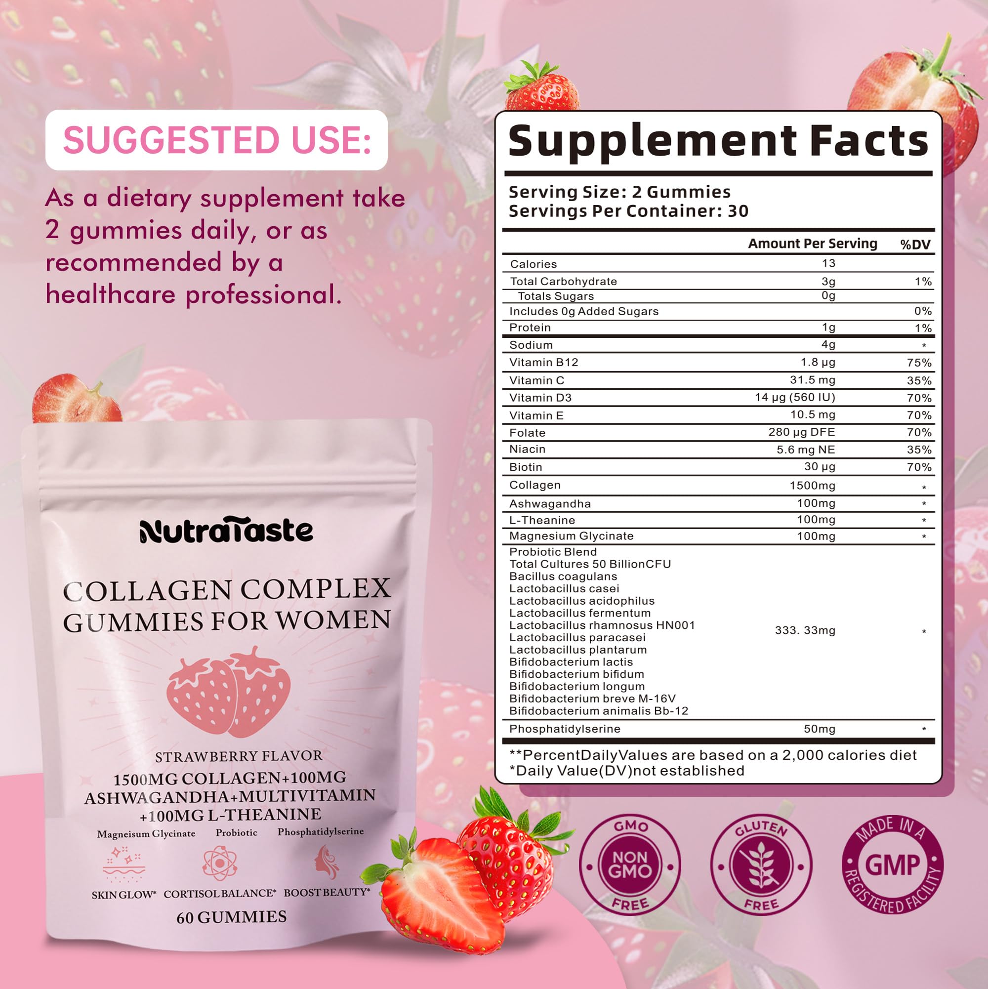 Nutrastaste collagen gummies label reflects GMP quality