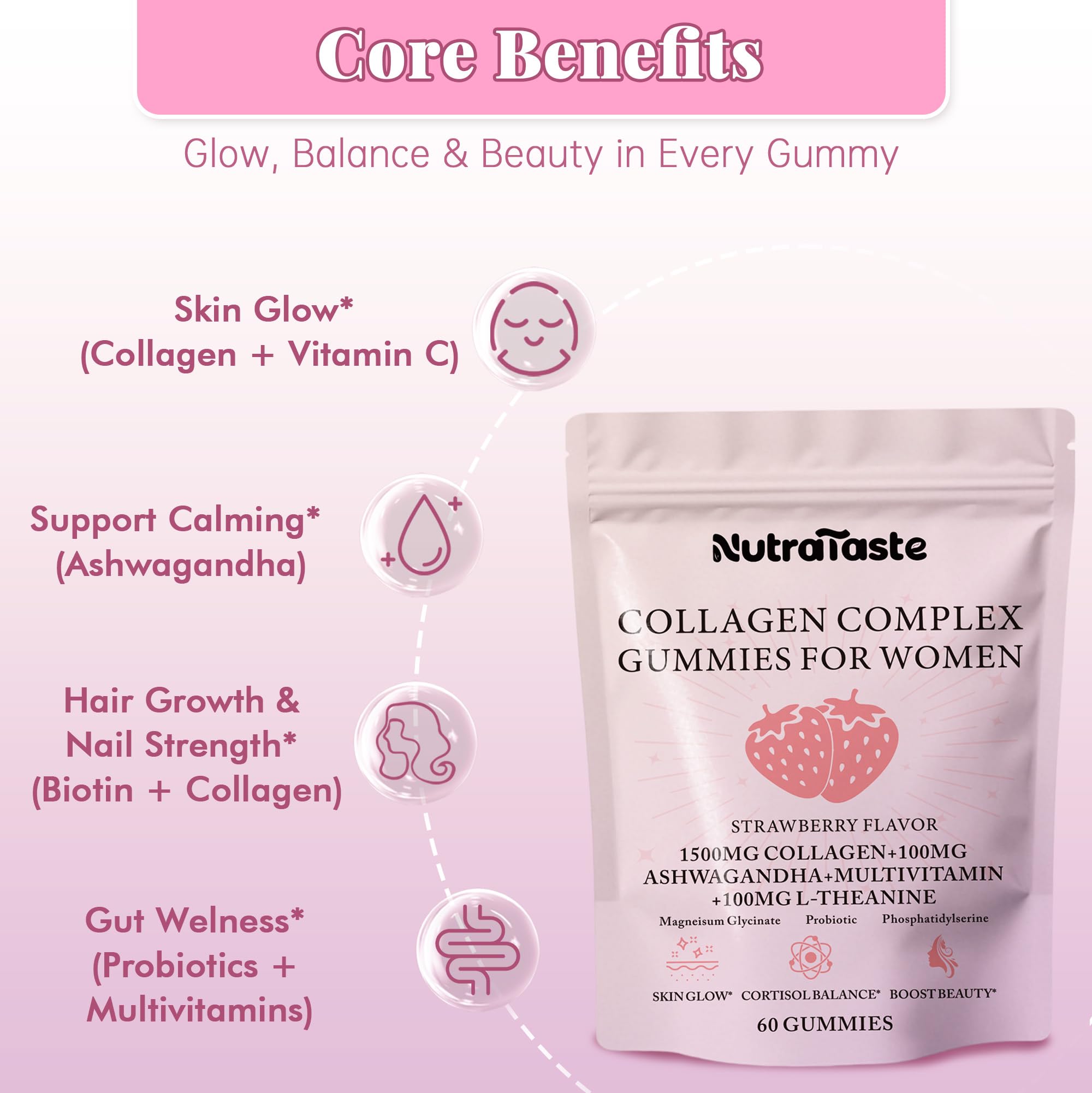Nutrastaste collagen gummies showing a two-per-day serving
