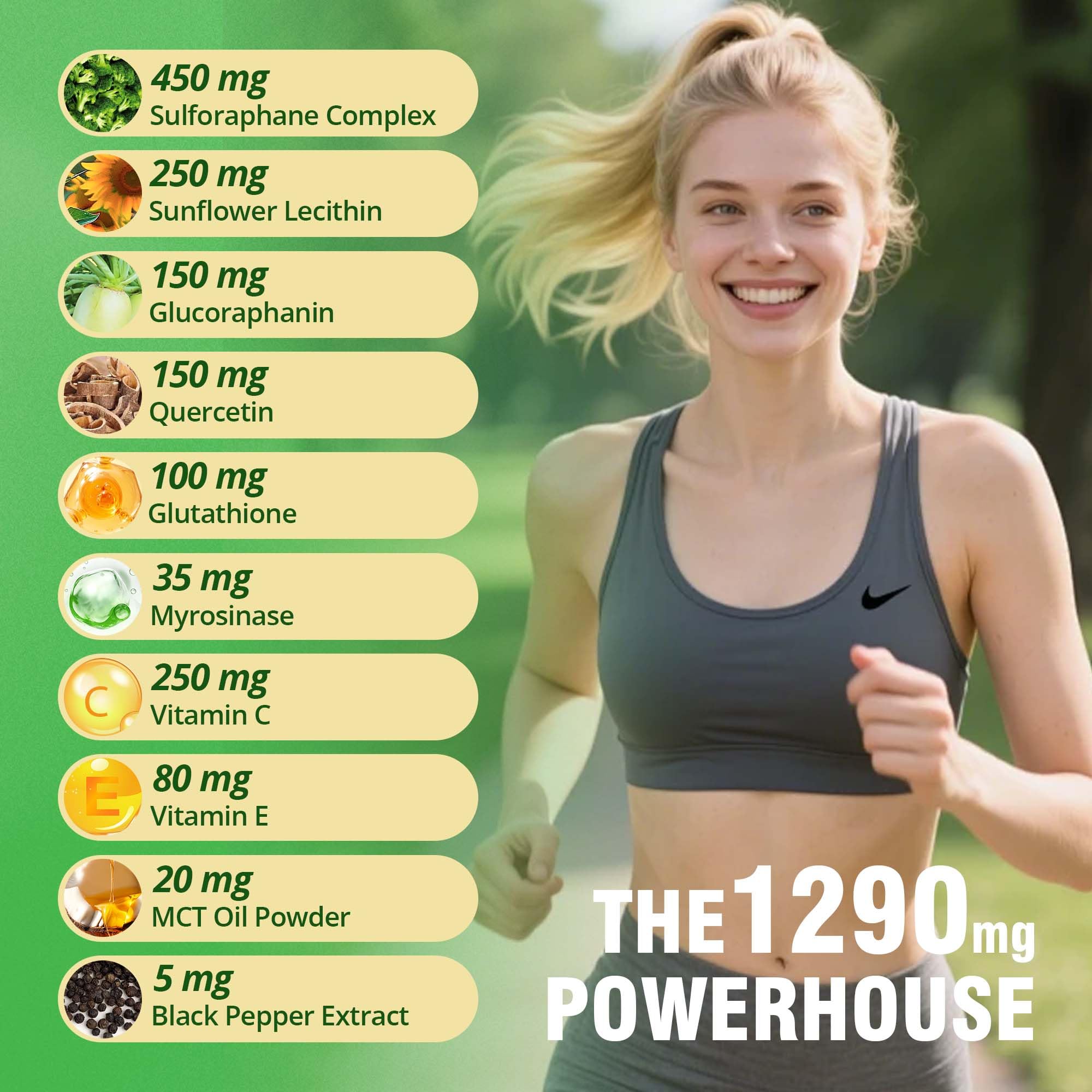 Nutrastaste Sulforaphane bottle label shows 60 gummies and clean ingredients.