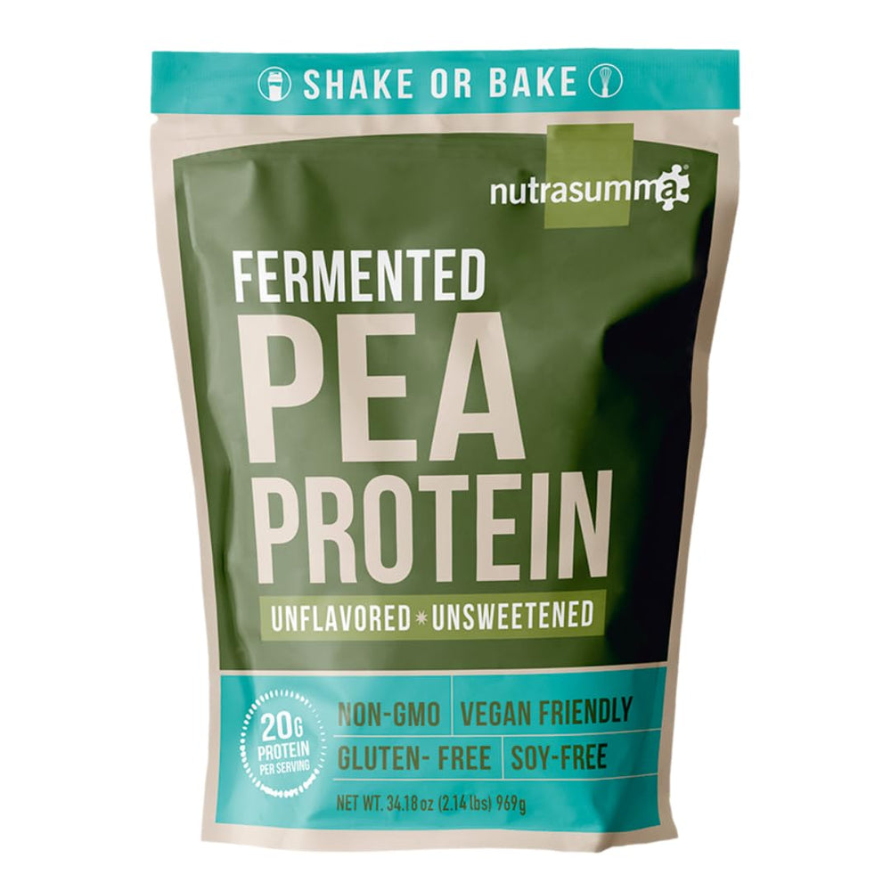 Nutrasumma pea protein powder in a jar shows clean, soy-free protein.