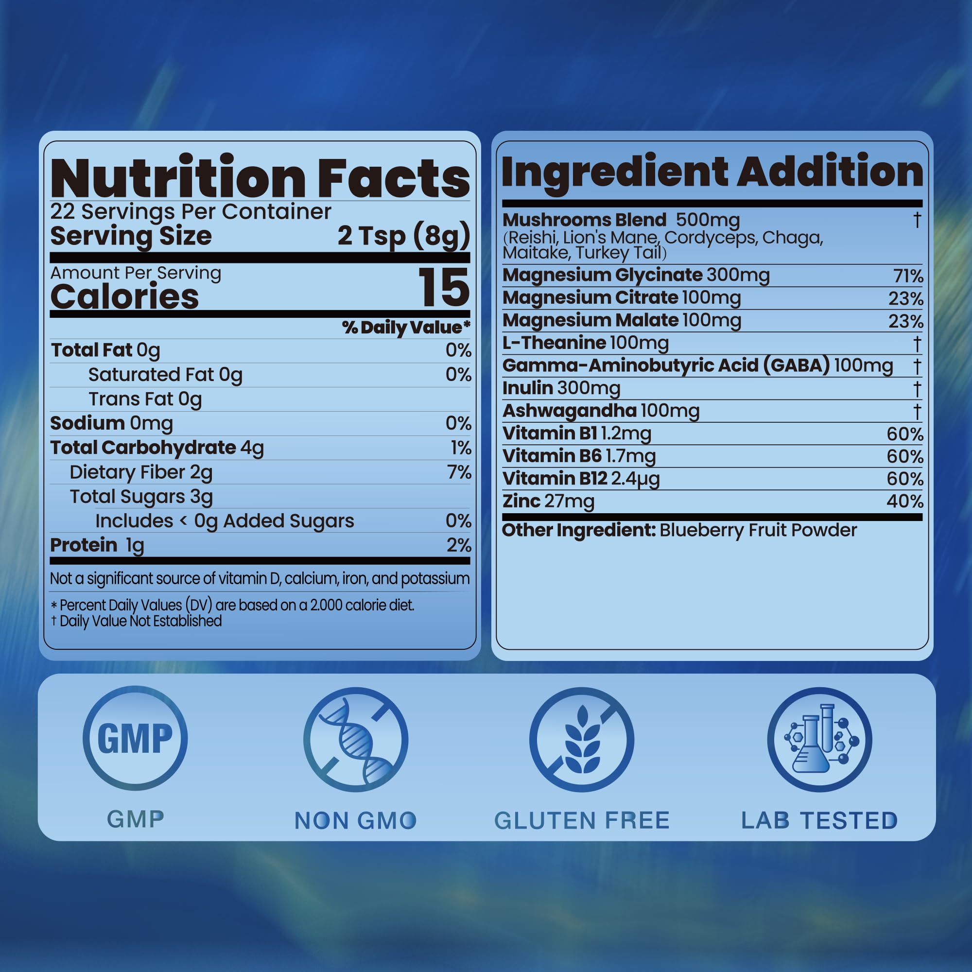 NUTRATASTE Blueberry flavored powder poured into a glass, inviting and tasty.