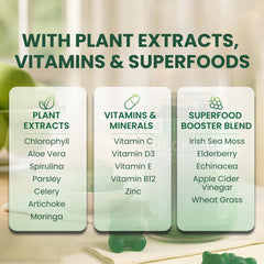 NUTRATASTE gummies ingredients panel highlights spirulina and moringa with vitamin blend.