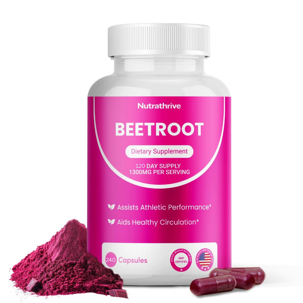 Nutrathrive Beet Root Capsules bottle for daily stamina support in a vegan, gluten-free routine.