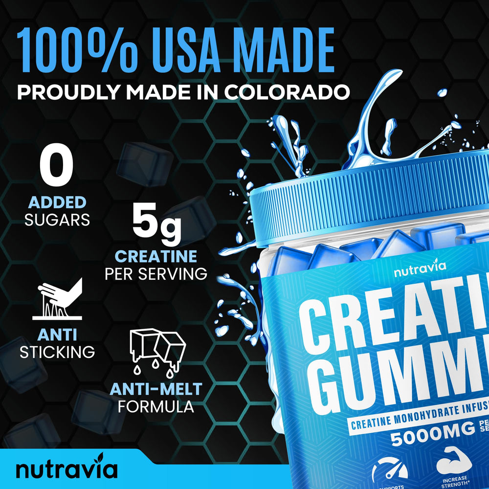 Nutravia Creatine Gummies bottle pour for on-the-go supplementation