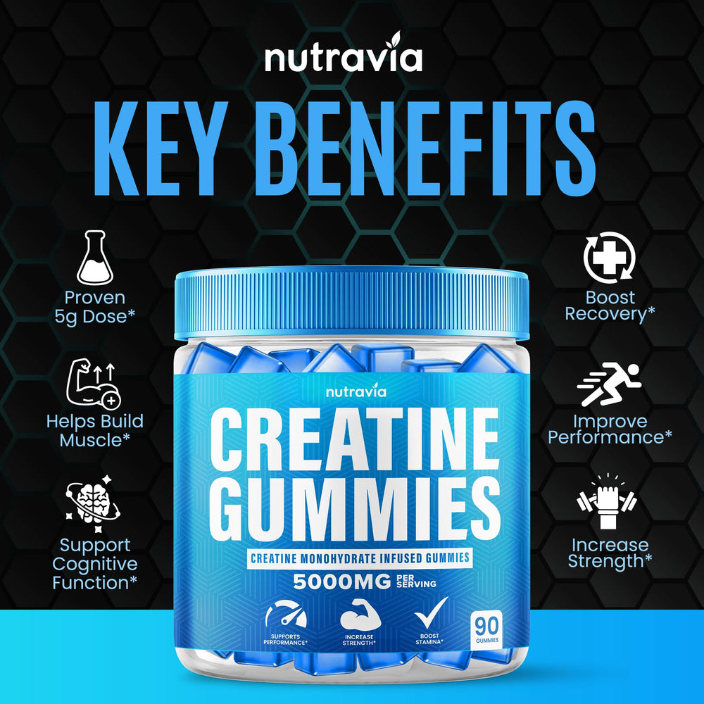 Close-up of Nutravia Creatine Gummies showing chewy texture and flavor