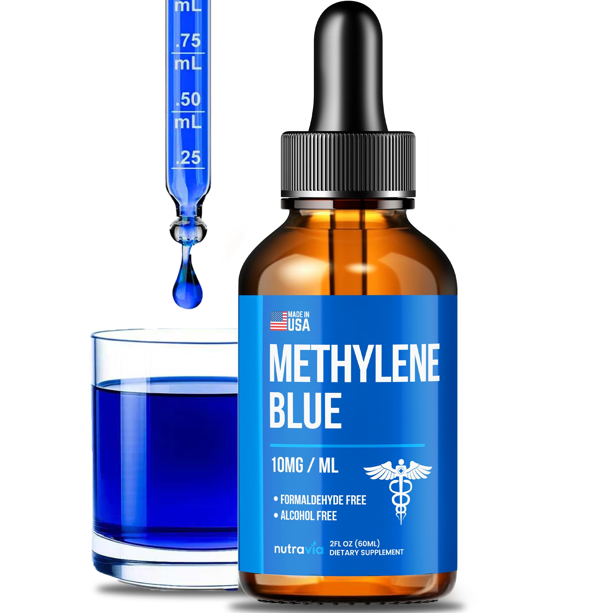 Nutravia Methylene Blue Drops bottle-front highlighting USP grade purity.