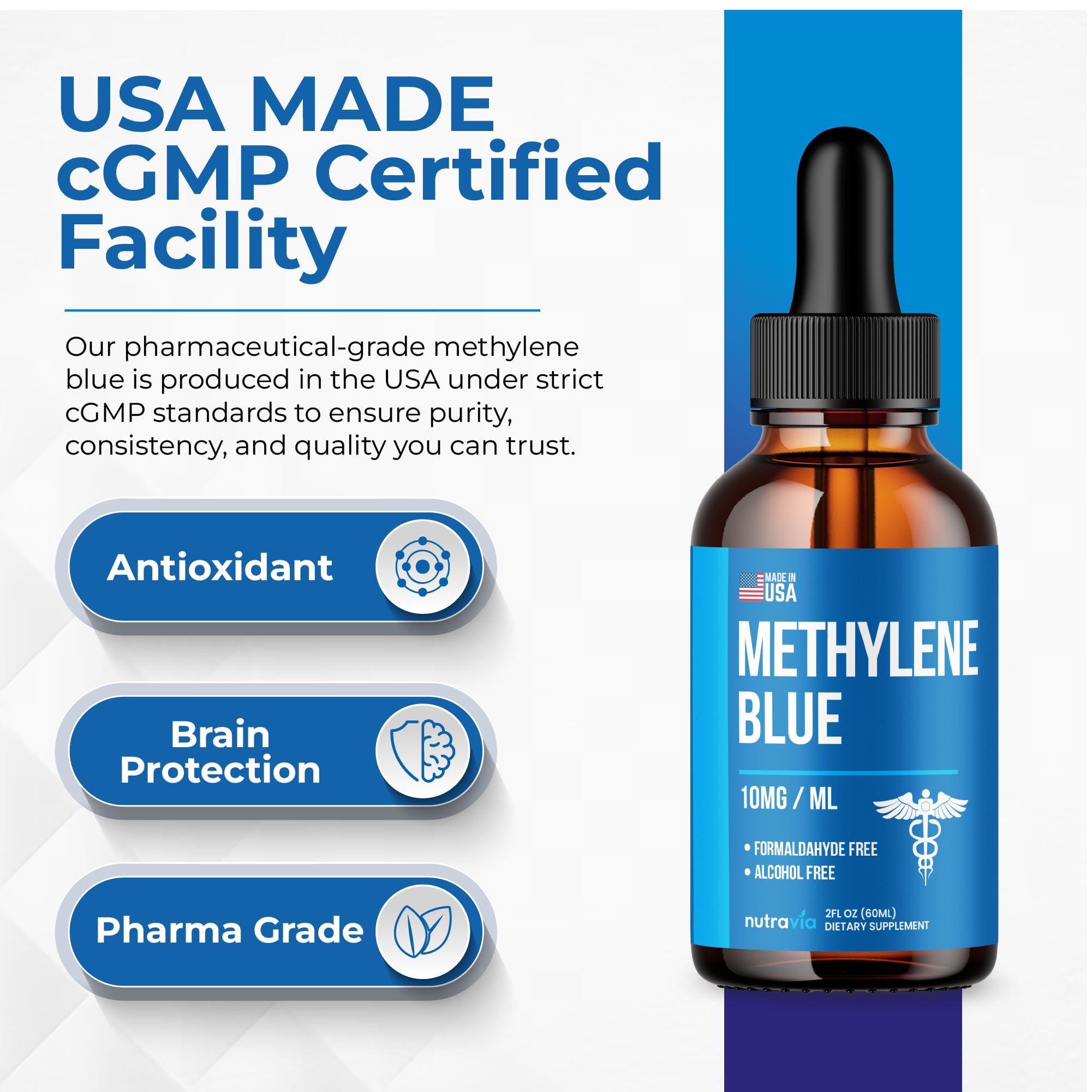 Nutravia Methylene Blue Lab image highlights third-party testing and potency.