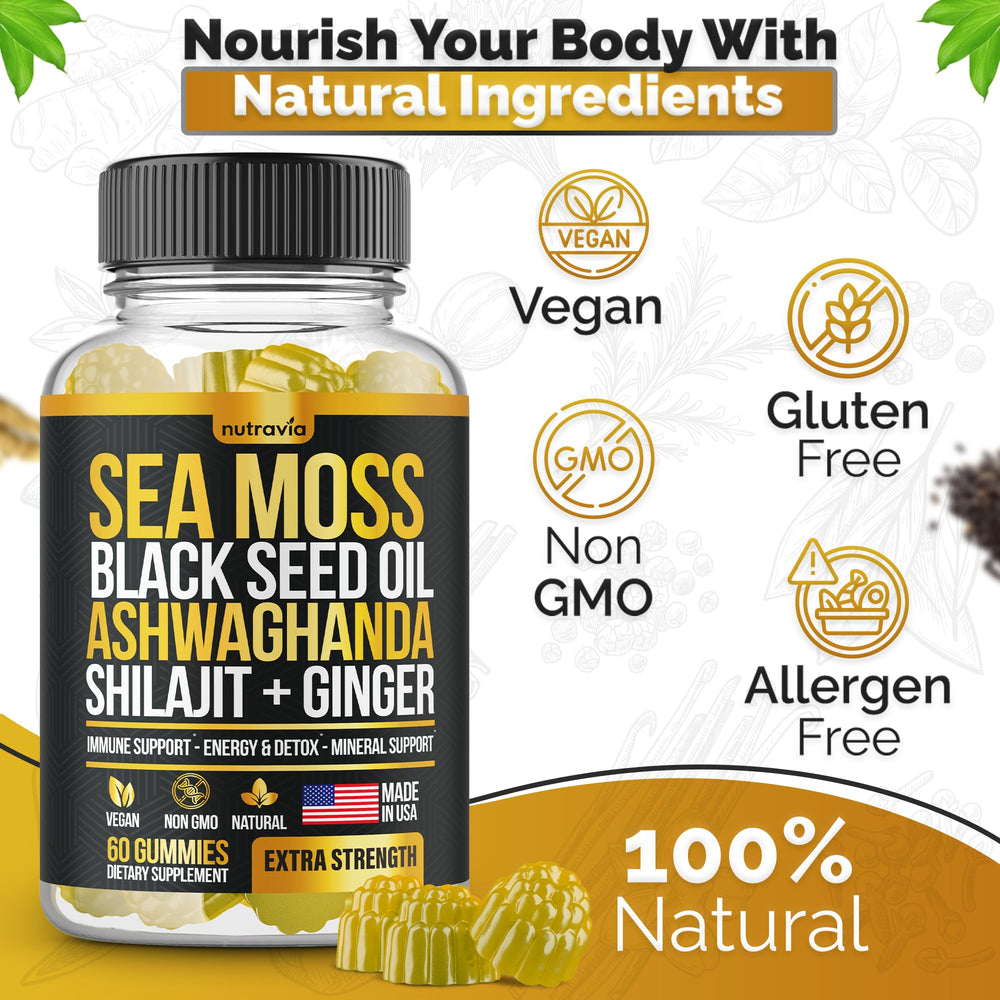 Nutravia Sea Moss Gummies bottle-side label highlights ingredients for daily routine.