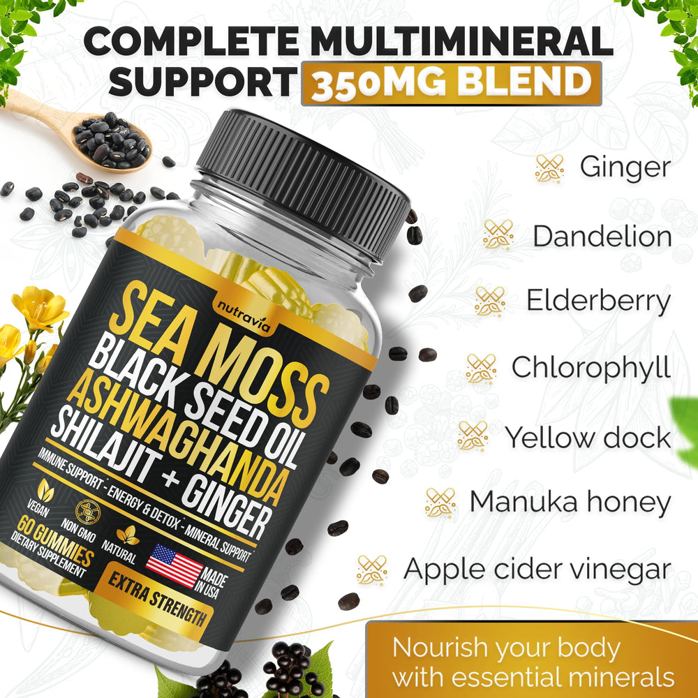 Nutravia Sea Moss Gummies USA-made facility badge signals quality and trusted production.