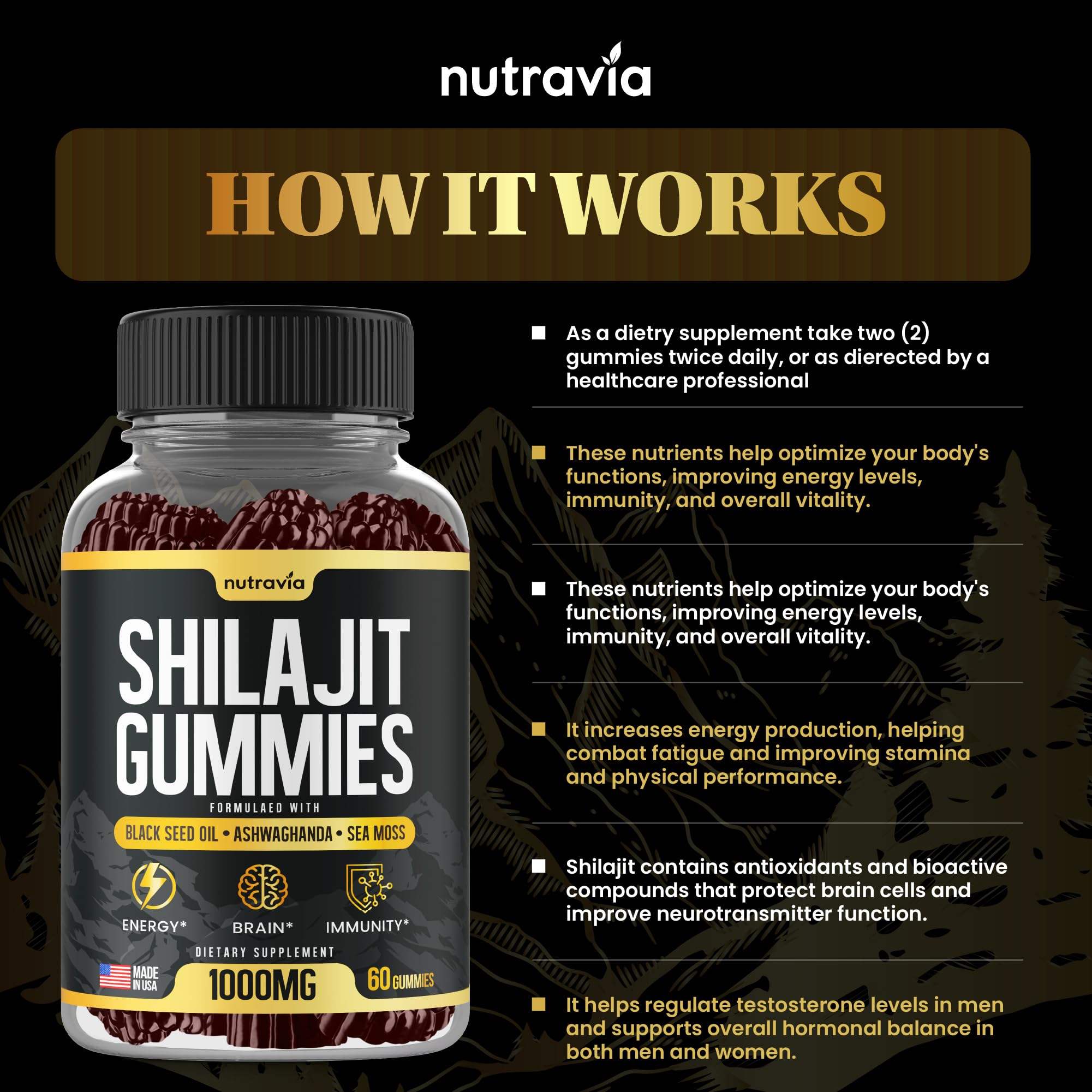 Nutravia Shilajit Gummies with Black Seed Oil for daily vitality